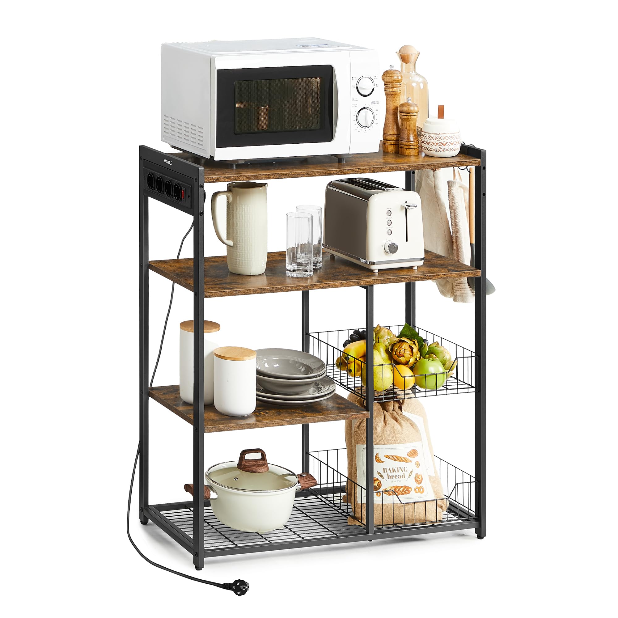 VASAGLE Küchenregal mit Steckdosen, Standregal mit 2 Metallkörben, Bäckerregal mit Haken, Regalablagen, 35 x 80 x 93,5 cm, Industrie-Design, vintagebraun-tintenschwarz KKS196K01
