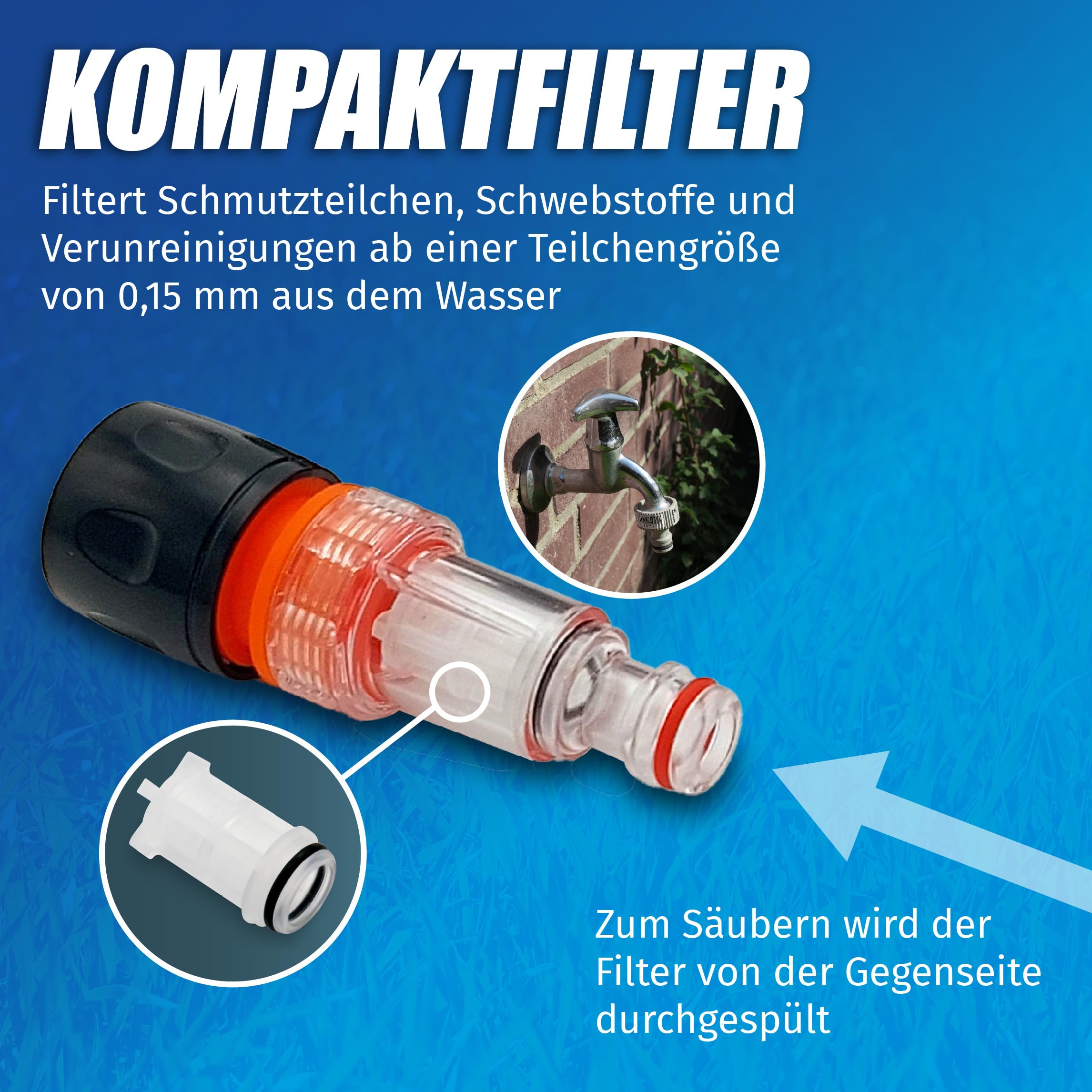 MaJoCompTec® WATERTWIN - Set di filtri per serbatoio dell'acqua per camper, accessori per serbatoio, adattatore compatibile con Gardena, tipo 3 pin, D:78 (CLEAN)