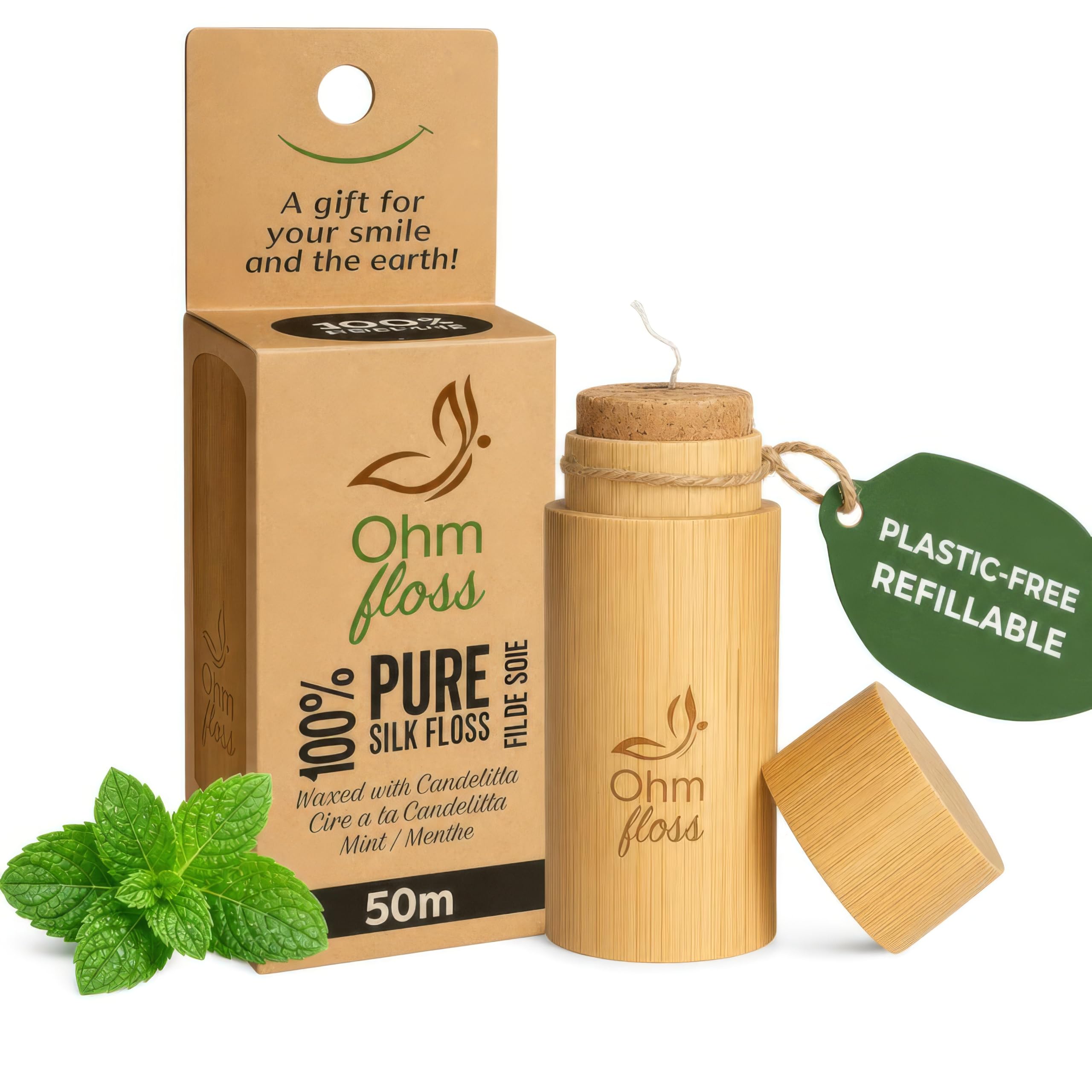 OHM Floss Hilo dental de seda, sin plástico y no tóxico + soporte de bambú recargable, encerado naturalmente con candelilla, 100% biodegradable y compostable, 54 yardas/50 m, cuidado bucal ecológico