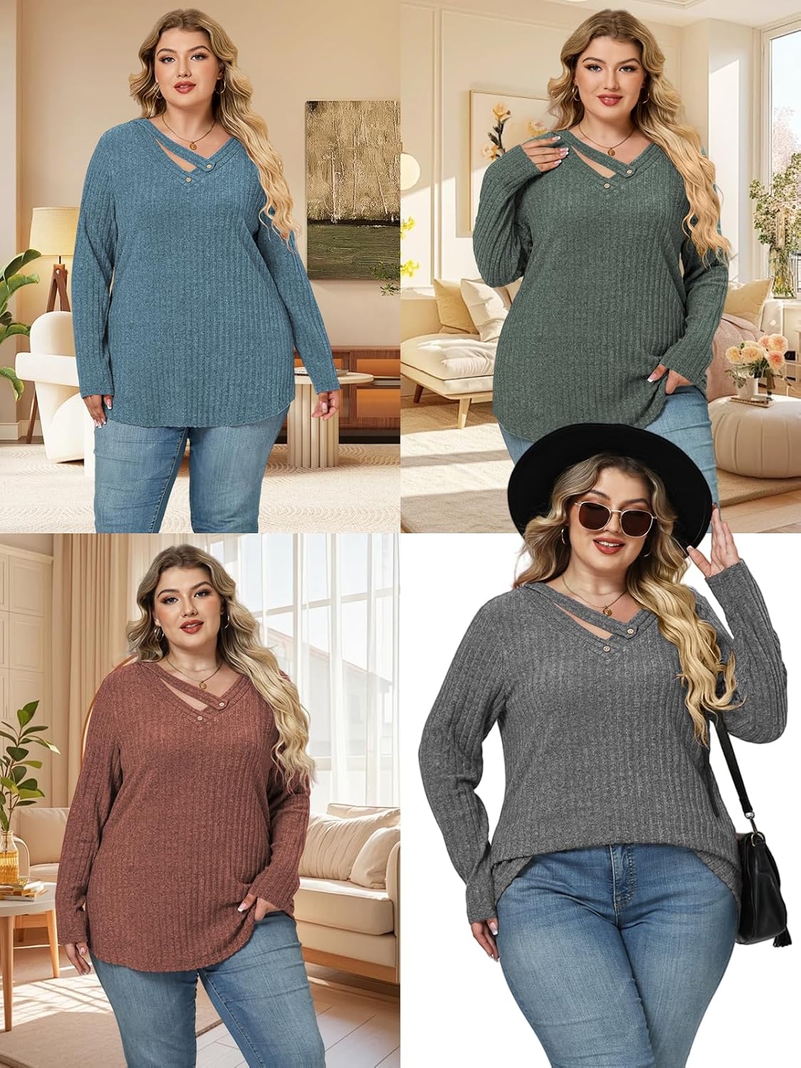VISLILY Womens-Plus-Size-Tops Trendy V Neck Casual Long Sleeve Shirts Lightweight Knit Sweaters Button Decor Tunics Blouses - Image 6