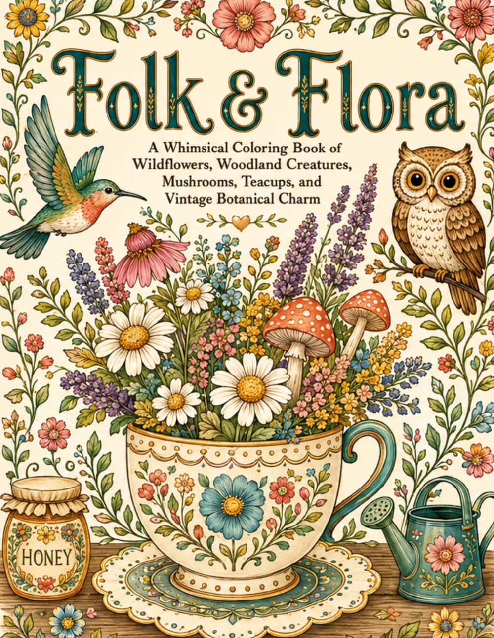 Folk & Flora: A Whimsical Coloring Book of Wildflowers, Woodland Creatures, Mushrooms, Teacups, and Vintage Botanical Charm