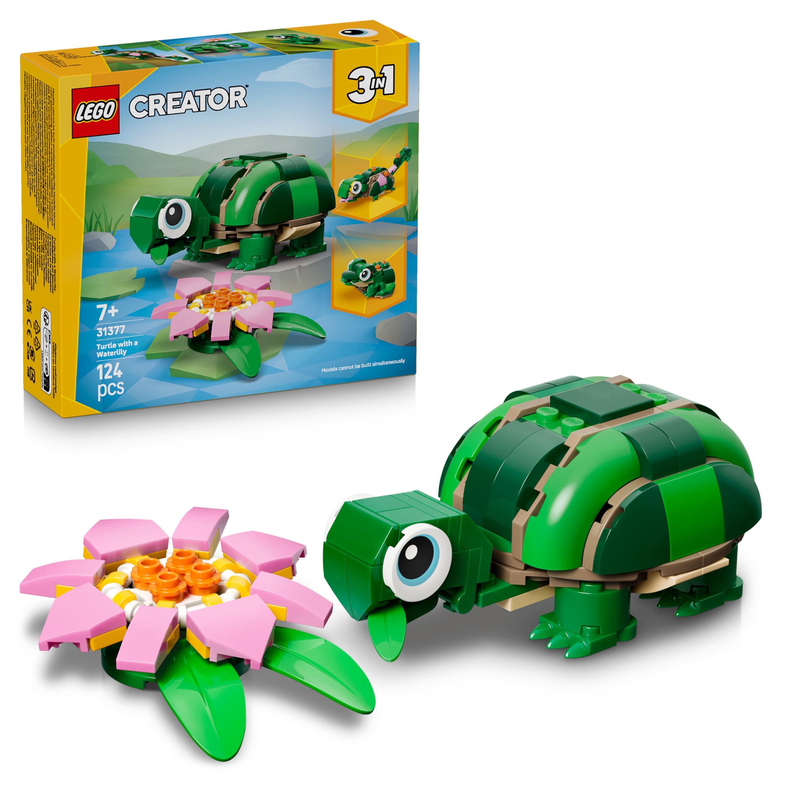 LEGO Creator 3-in-1 Turtle with Water Lily – Animal Figure – Turns Into Chameleon Or Frog – DIY Children's Room Decoration – Gift for Boys and Girls from 7 Years – 31377