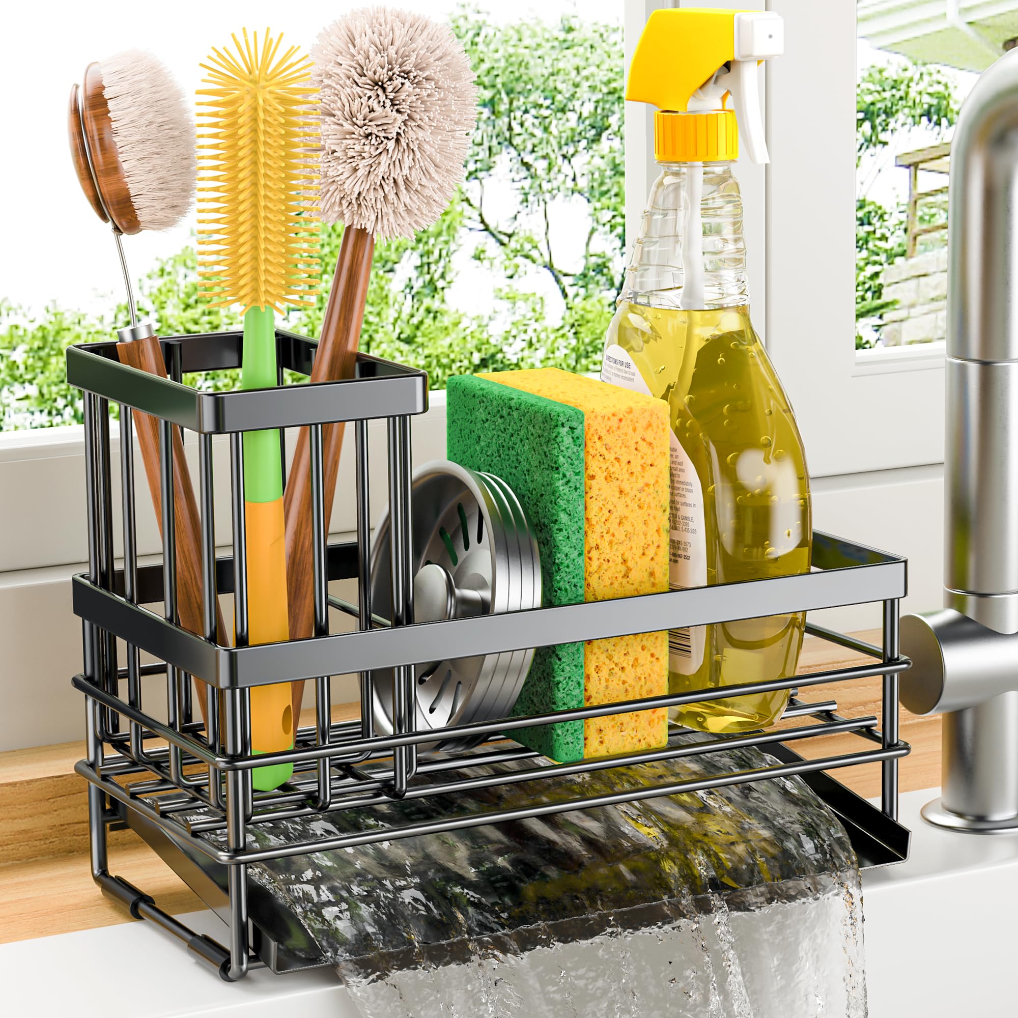 Cisily Sink Caddy Sponge Holder for Kitchen with Brush Holder and Stainless Steel Self Drain Tray Rustproof Kitchen