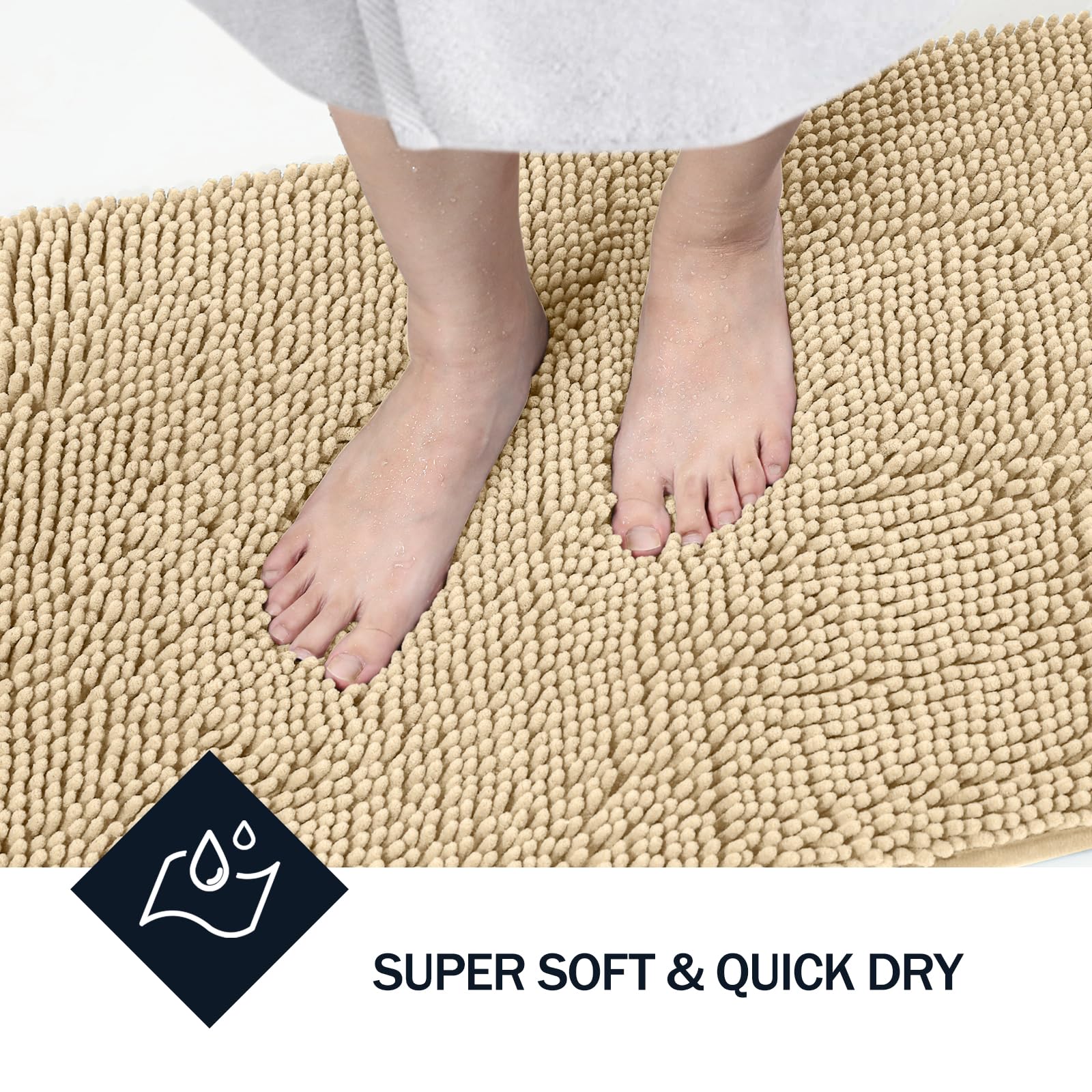 LINLA Juego de 2 alfombras de baño de felpilla suave, absorbente, antideslizante, de secado rápido, lavable, para suelo, bañera y ducha, 32 x 20 pulgadas, 24 x 17 pulgadas, color beige