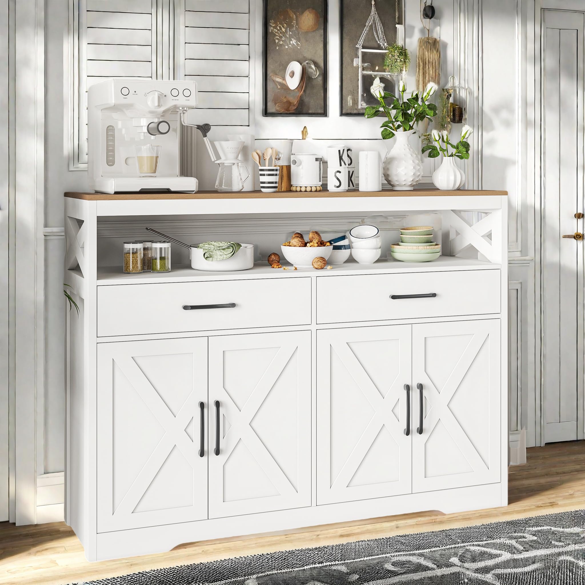 Mobile portaoggetti con 2 cassetti e 4 ante,Credenza Cucina,Scomparto Aperto e ripiano regolabile,Buffet Mobile de Cucina Bassa, credenza sala da pranzo per cucina, 140x40x105cm,bianco