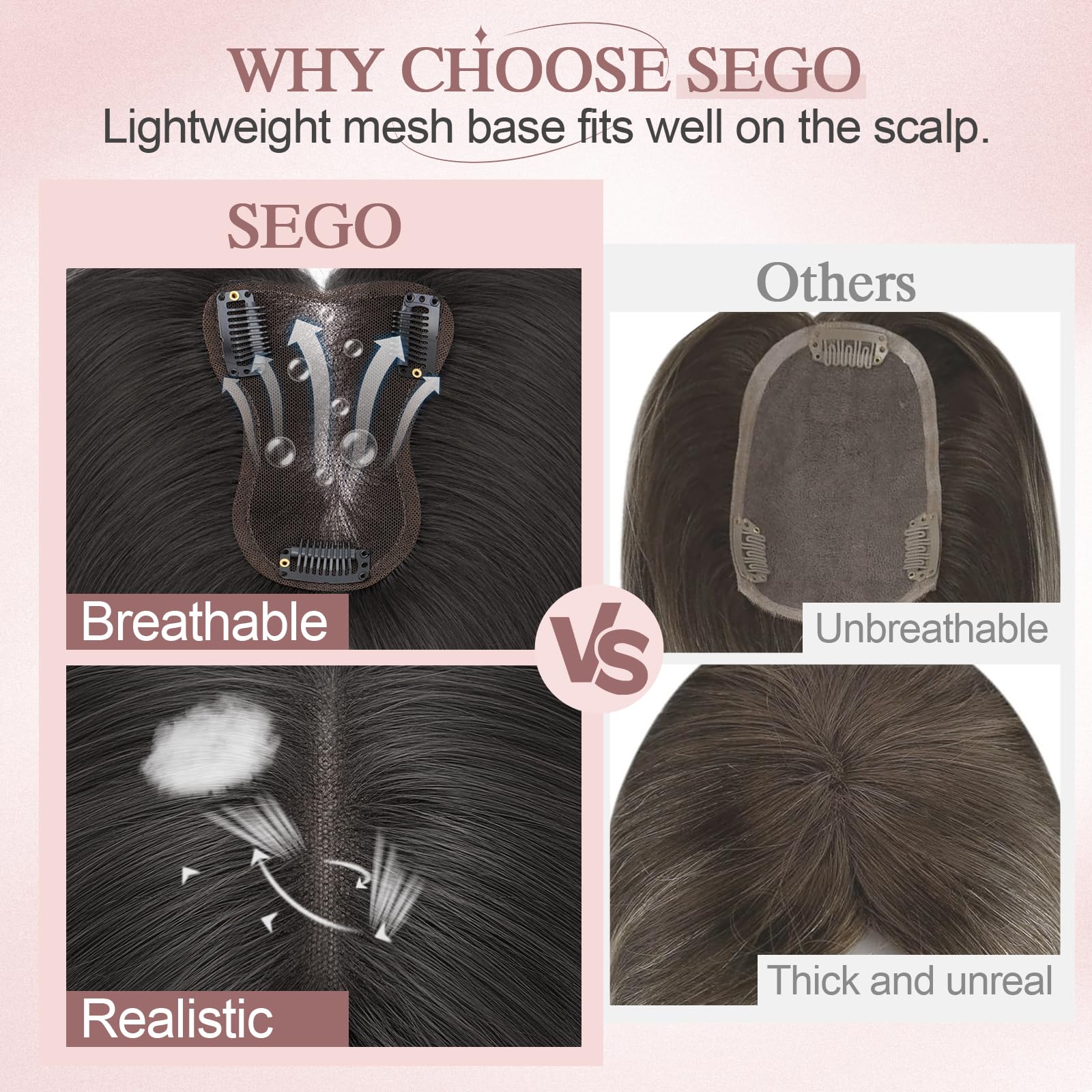 SEGOHAIR Hair Toppers for Thinning Women Real Human Hair 360°3D Coverage Hand-stitched Hairpieces Clip in Extension Add Volume,8x11 inch Natural Black,20g - Image 4