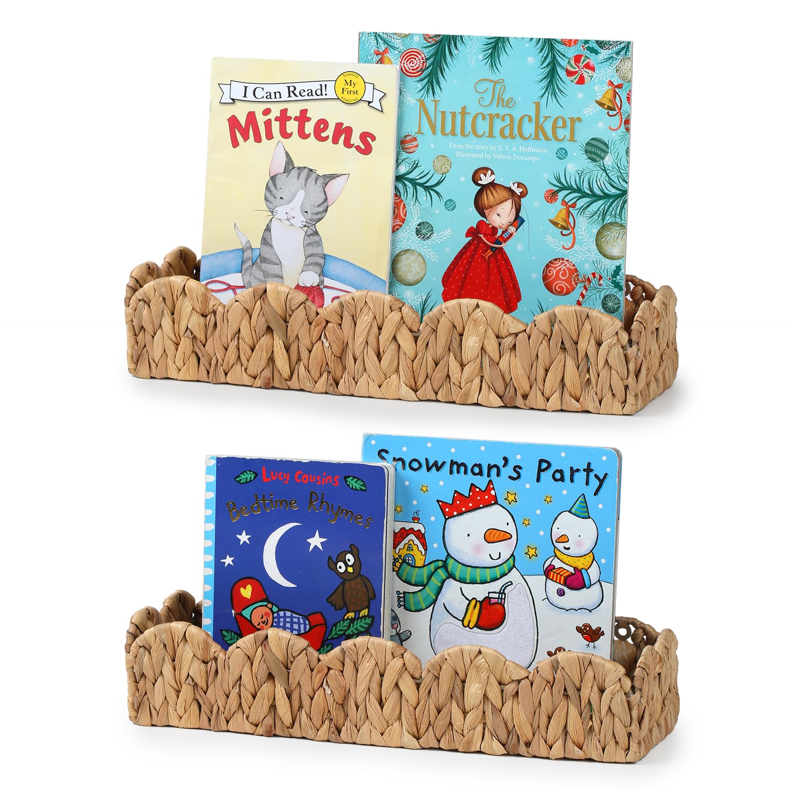 Photo 1 of 2 Pack Nursery Book Shelves, Scalloped Water Hyacinth Book Shelf for Kids Rooms, Handwoven Floating Book Shelves for Wall, 15.8” Wicker Hanging Bookshelf for Books, Toys, Photo Frames, Nursery decor