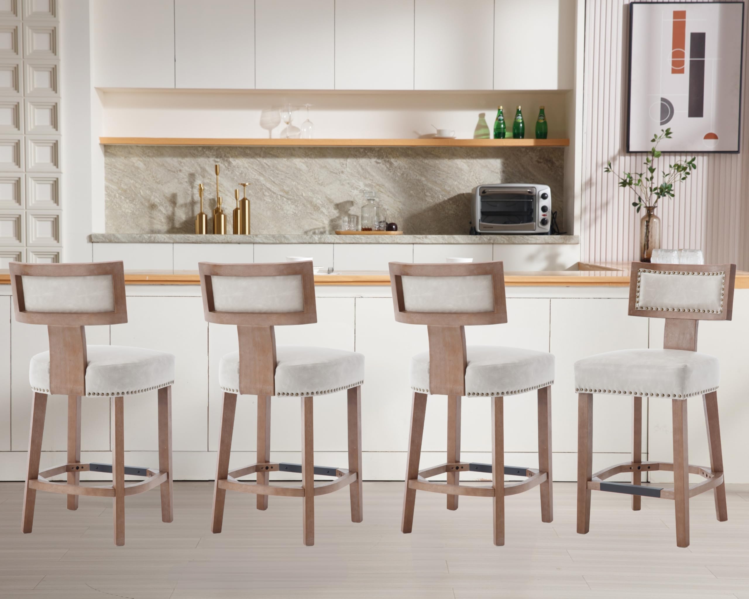 RIVOVA 26" Counter Height Bar Stools Set of 4 Modern Kitchen Barstools with Rivet Trim, Farmhouse Counter Stools Leather Upholstered Countertop Island