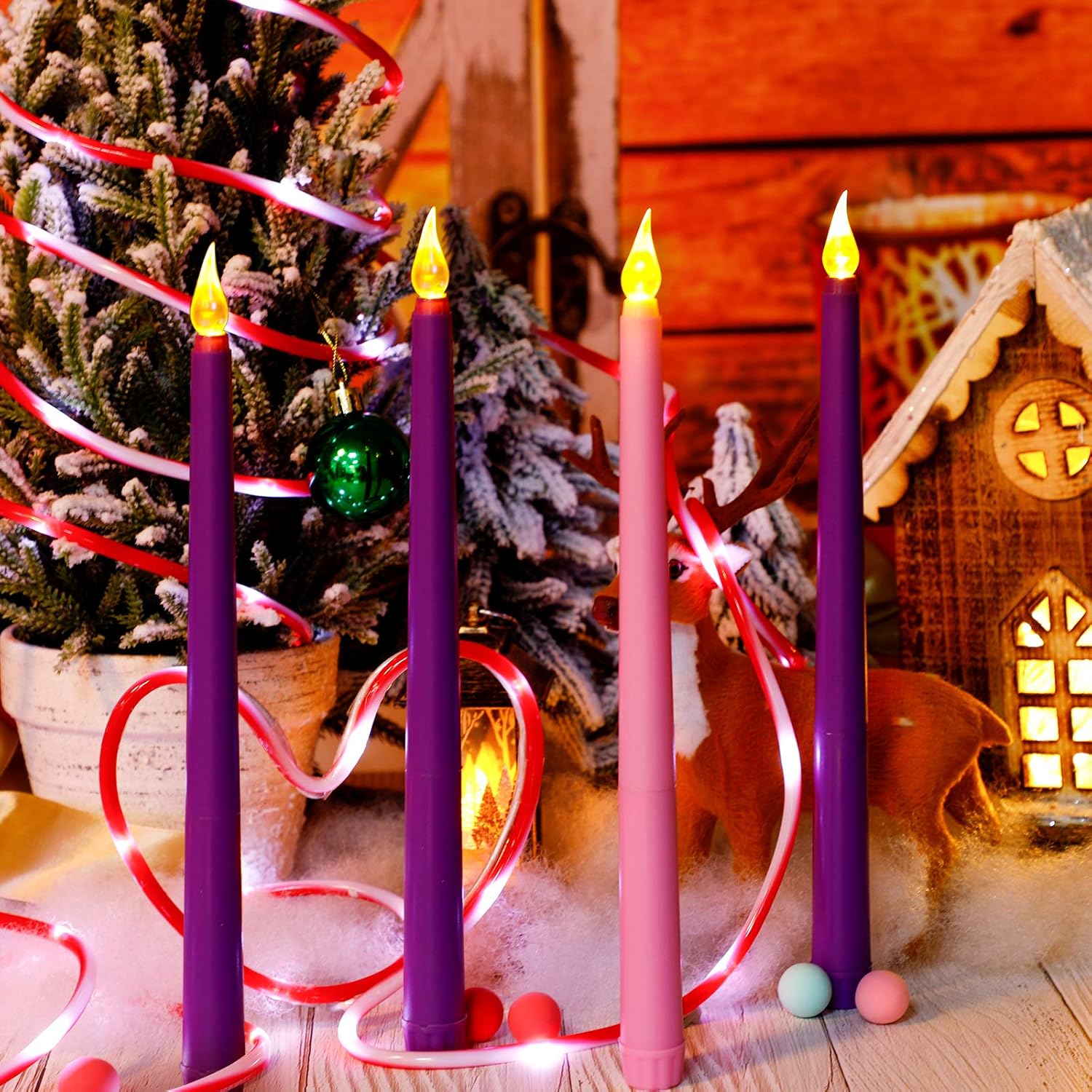 Honoson Set of 4 LED Flameless Advent Candle Battery Operated Purple and Pink Flameless Taper Candles for Advent Wreath Holiday Church Christmas Celebration
