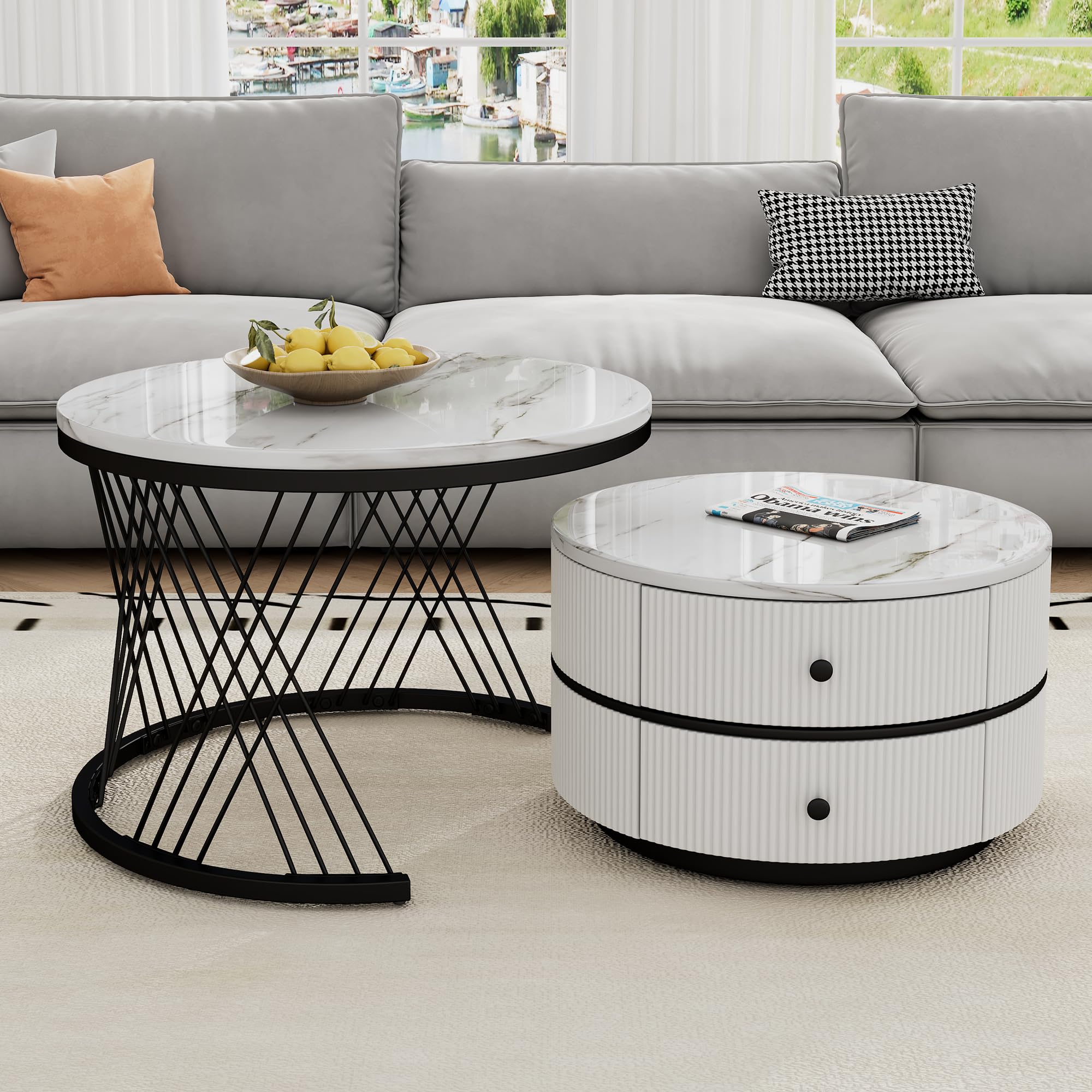 Elegante 2-delige witte salontafelset in nestvorm, 60 x 60 x 45,5 cm en 50 x 50 x 32 cm, ronde tafels met hoogglanzende marmerlook, 2 laden, belastbaar tot 30 kg, nesting-combinatie salontafel