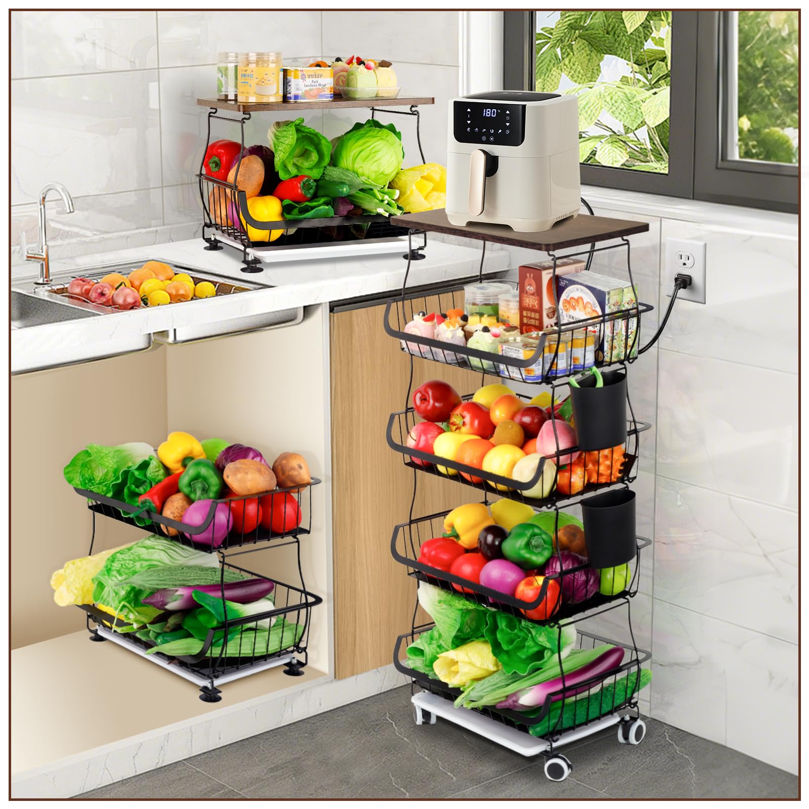 Portafrutta 4 ripiani pratico e funzionale Carrello cucina impilabile ventilato con ventose fisse