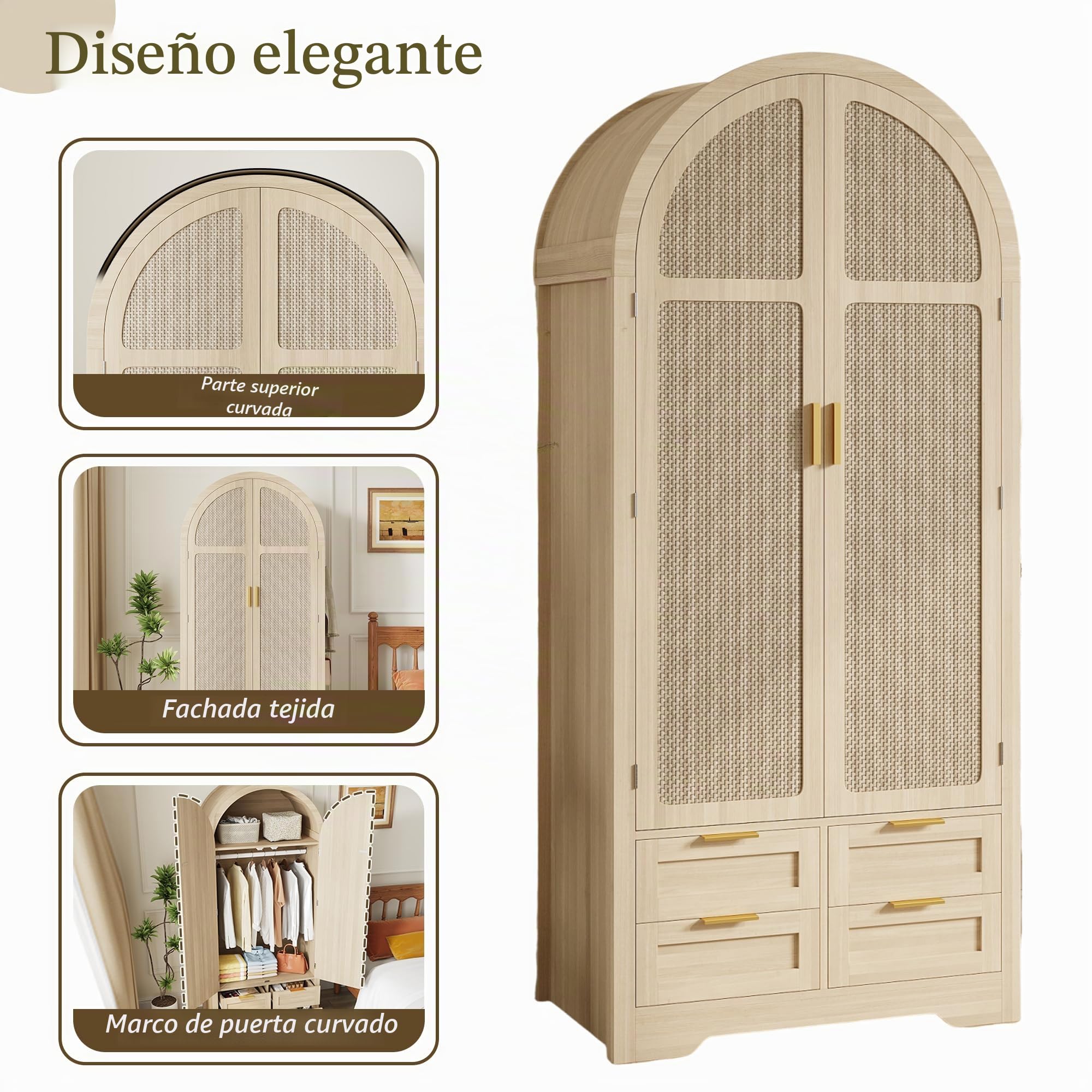 Armario con puertas curvas, amplio espacio de almacenamiento, armarios infantiles con barra para colgar ropa y cajones, compartimentos de almacenamiento de lujo, adecuado para dormitorios y áreas de