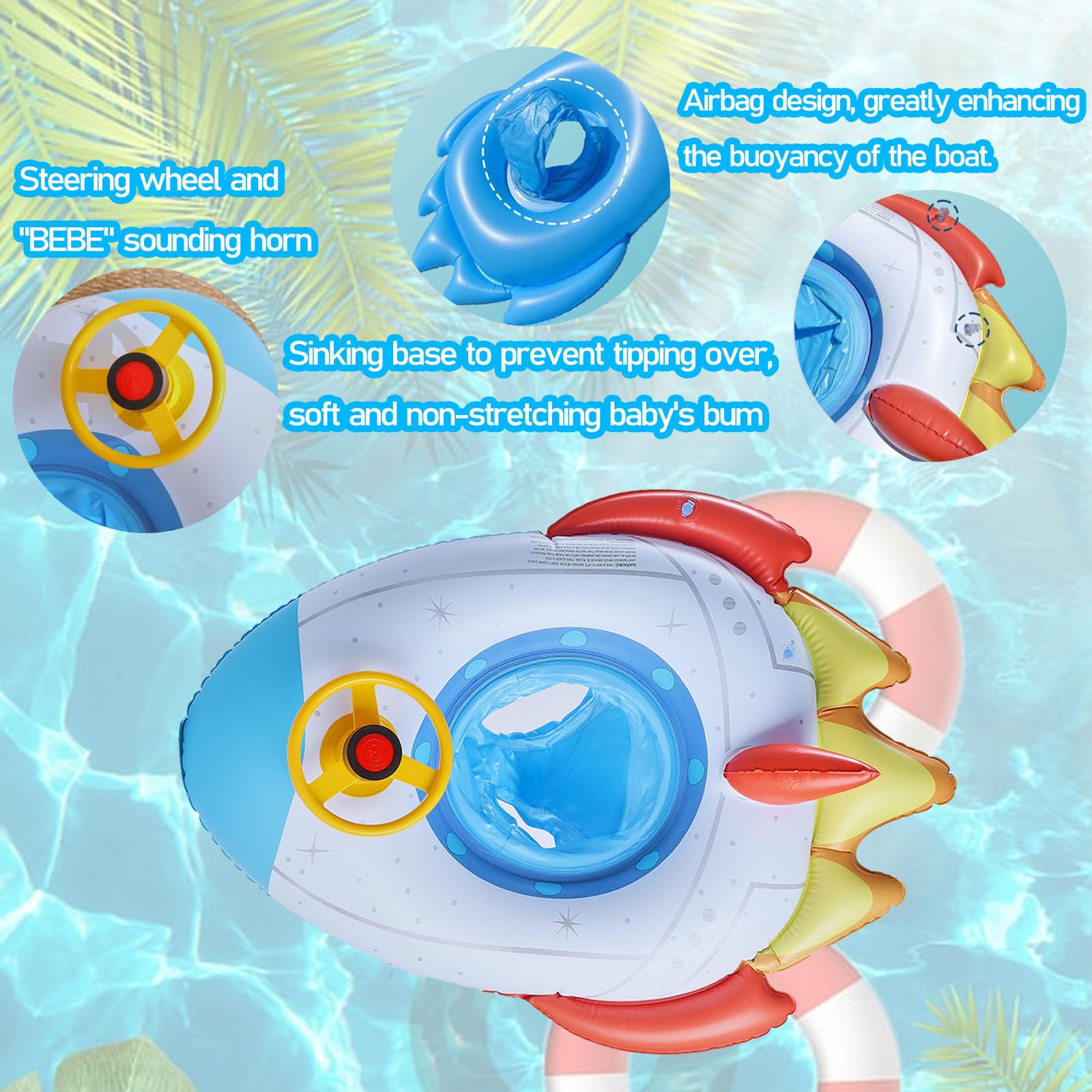 Baby Swimming Float Cute Swimming Float Baby Inflatable Floater with Steering Wheel and Horn Children Airship Swim Ring with Seat Pool Float Summer Outdoor Water Float Toys for Girls Boys 1-5 Years - Image 3