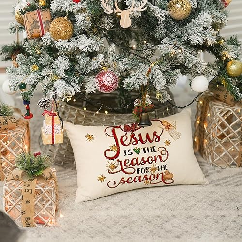 Miniatura 5 de AVOIN colorlife Juego de 4 fundas de almohada de Navidad O Santa Noche Jesús Cardinal Buffalo a cuadros, 12 x 20 pulgadas, con texto de Navidad,