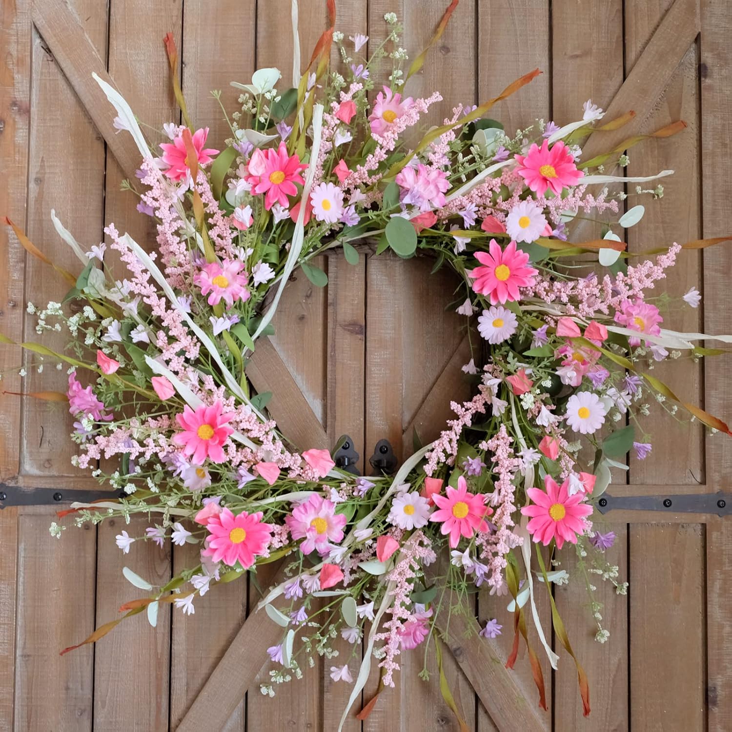 TEMPUS 24 Inch Artificial Spring and Summer for Front Door Wreath Pink Daisy and Lavender Wreath Garden Party Home Wall Wedding Decor