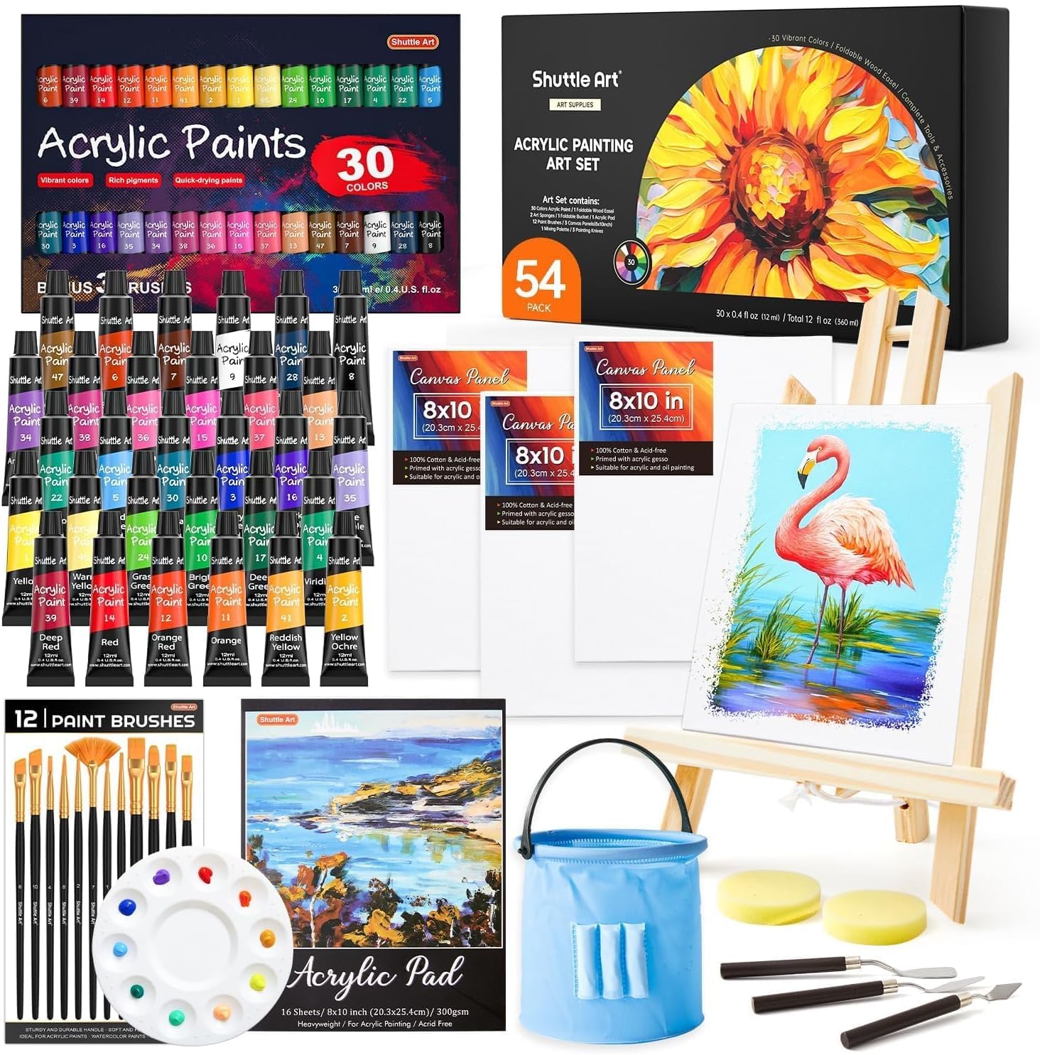 Shuttle Art 54 Pièces Kit Peinture Acrylique avec 30 Tubes Peinture Acrylique (12ml), Chevalet Peinture, Pinceaux, Toile, Kit Peinture Adultes sur Verre, Bois, Tissu