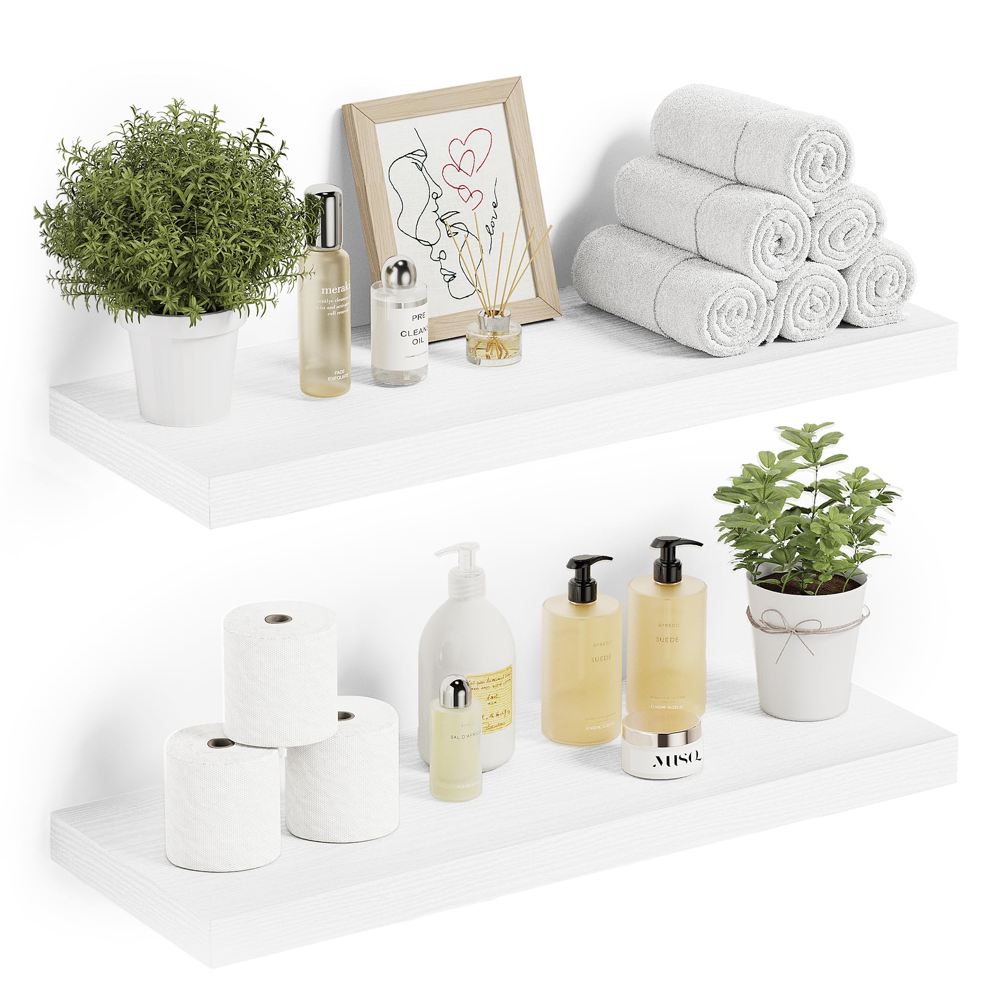Long Floating Shelves for Wall,Bathroom Storage Over Toilet, Wall Shelves with Invisible Brackets for Bedroom, Bathroom, Living Room, Kitchen, Set of 2