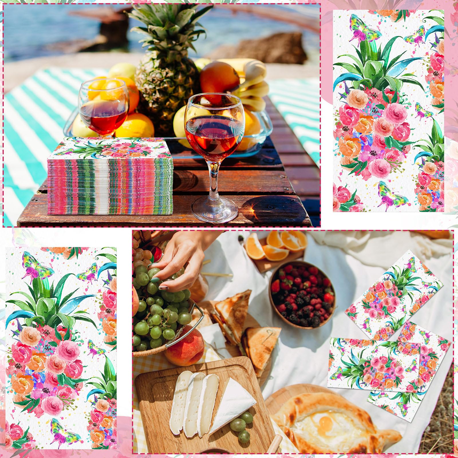 Epakh 200 servilletas de papel desechables de 2 capas con diseño floral de piña, toallas de mano decorativas para baño, boda, fiesta de verano, vacaciones, 7.9 x 4.3 pulgadas