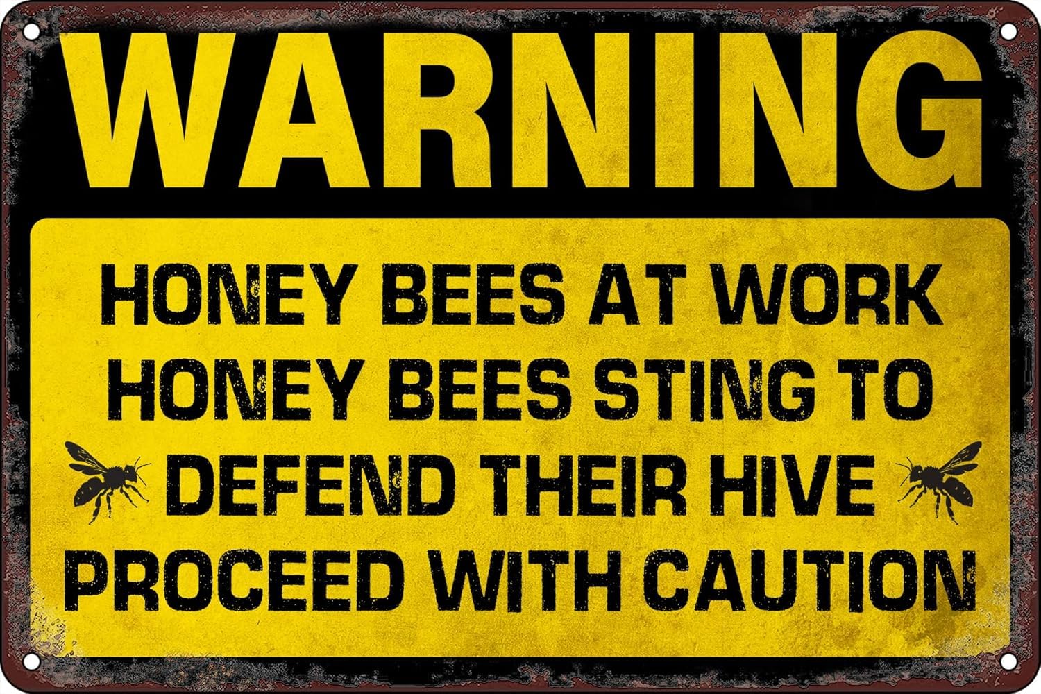 SMAZDFXX Vintage Metal Tin Signs Retro Warning Honey Bees at Work Honey Bees Sting to Defend Their Hive Proceed with Caution Sign Wall Decor for Farm Garden Garage Home Bar Cafe Club Outdoor 8"x12"