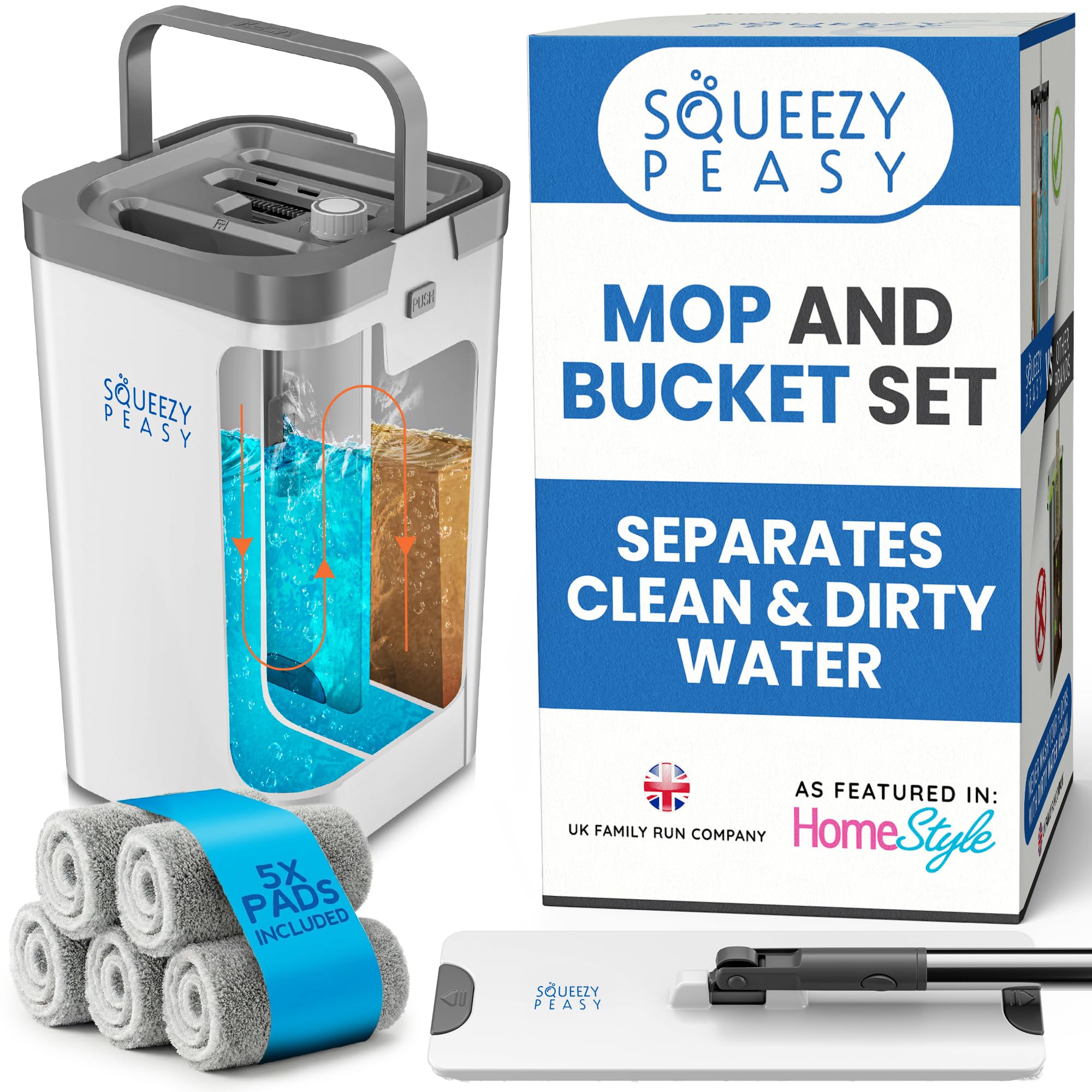 Premium Flat Mop and Bucket Set - Separates Clean & Dirty Water - Compact & Lightweight - 3 Chamber Floor Cleaning System - 360 Rotating Head - 5 Microfibre Reusable Mop Pads Included