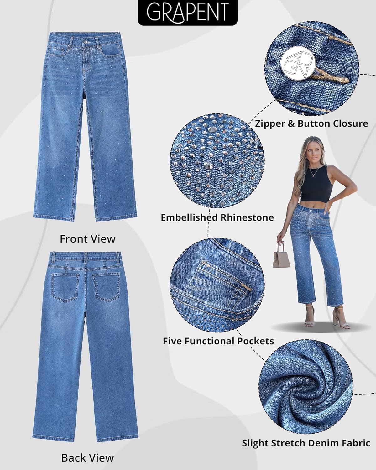 GRAPENT Cropped Jeans for Women High Waisted Straight Leg Embellished Rhinestone Concert Party Night Out Sparkly Jeans - Image 6