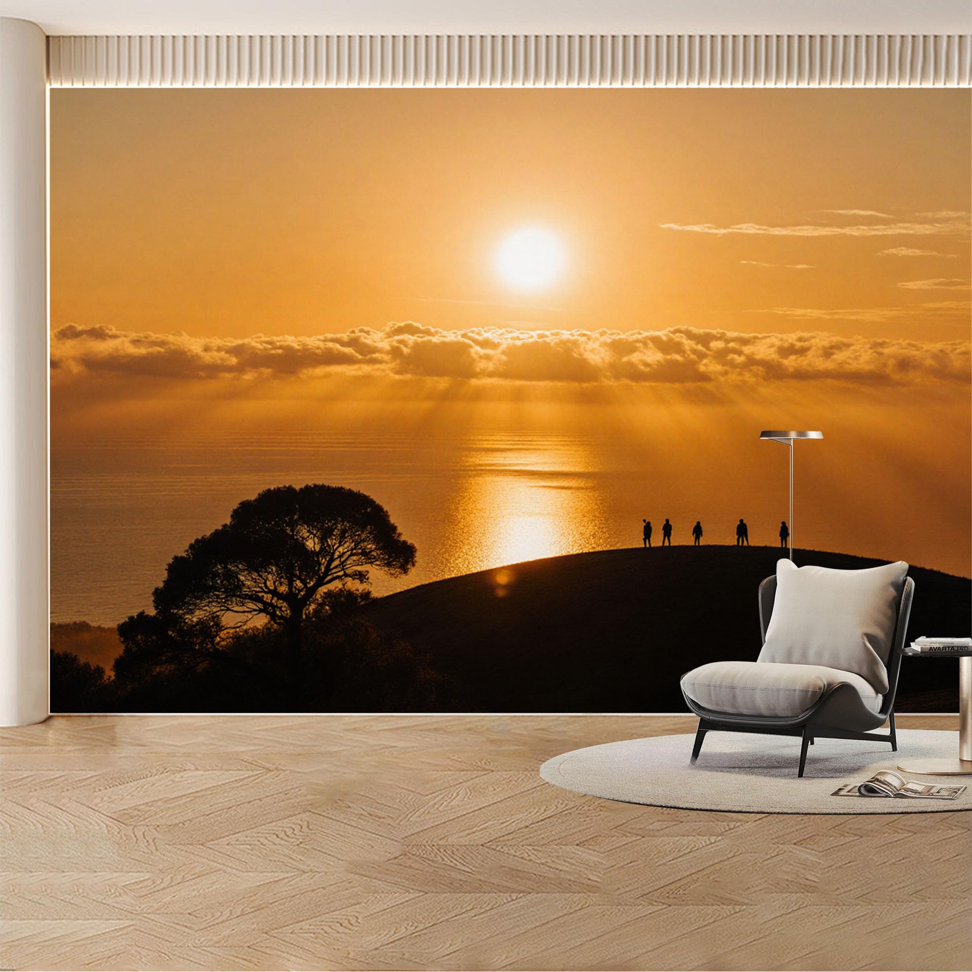 Custom Wall Mural Wallpaper Ocean Sunset Tree Silhouette， Landscape Nature 3D Effect Wall Decor， Luxury Misty for Living Room， Bedroom， Office