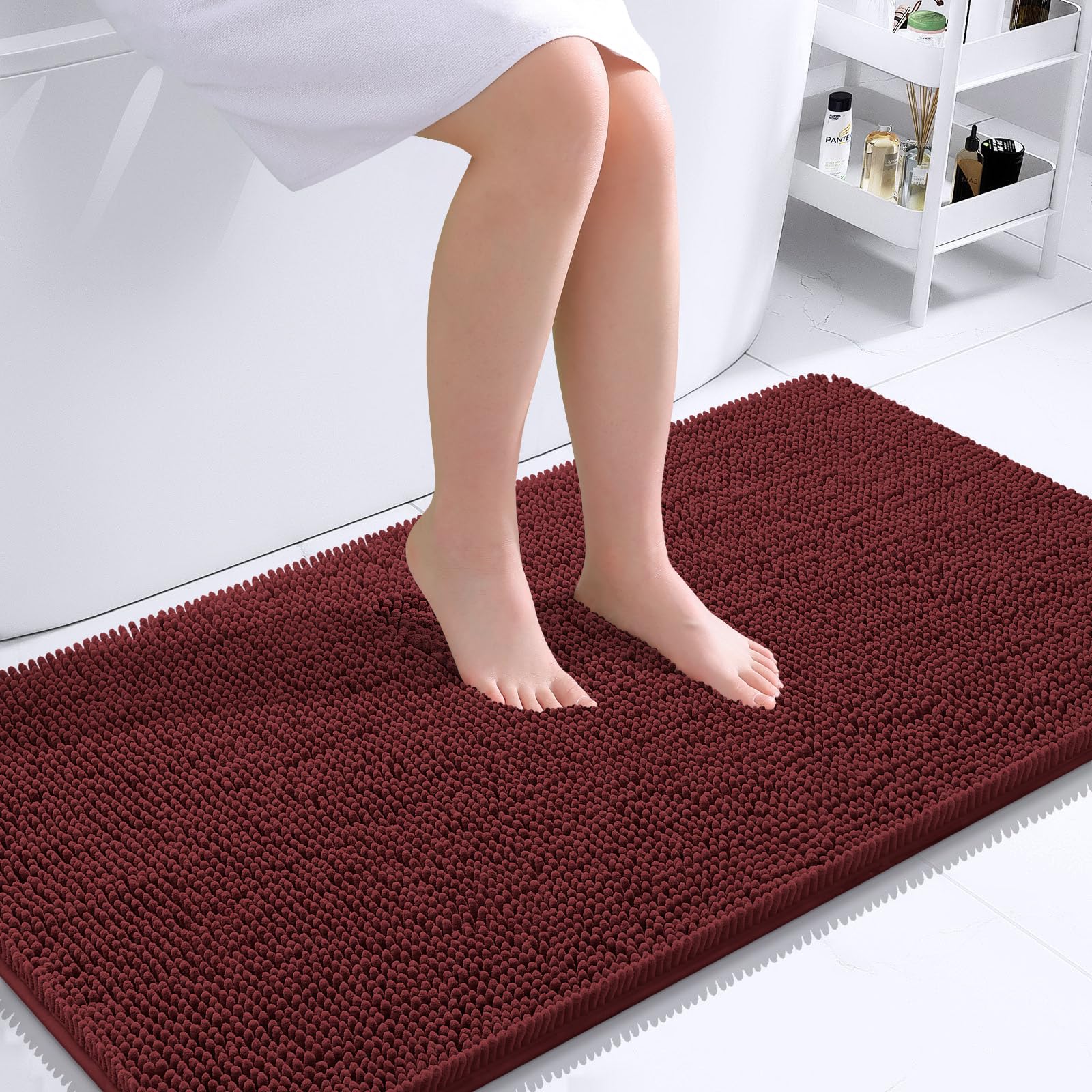 OLANLY Bathroom Runner Rugs 44x24, Soft Absorbent Chenille Bath Rugs, Rubber Backing Quick Dry, Machine Washable Long Bath Mats for Bathroom, Tub and Shower, Home Decor Accessories, Andorra Red-Brown | Andorra Red-Brown, Quick-Drying Rubber Backing, Machine Washable Long Bath Mat for Bathroom Floor, Tub and Shower, Home Decor
