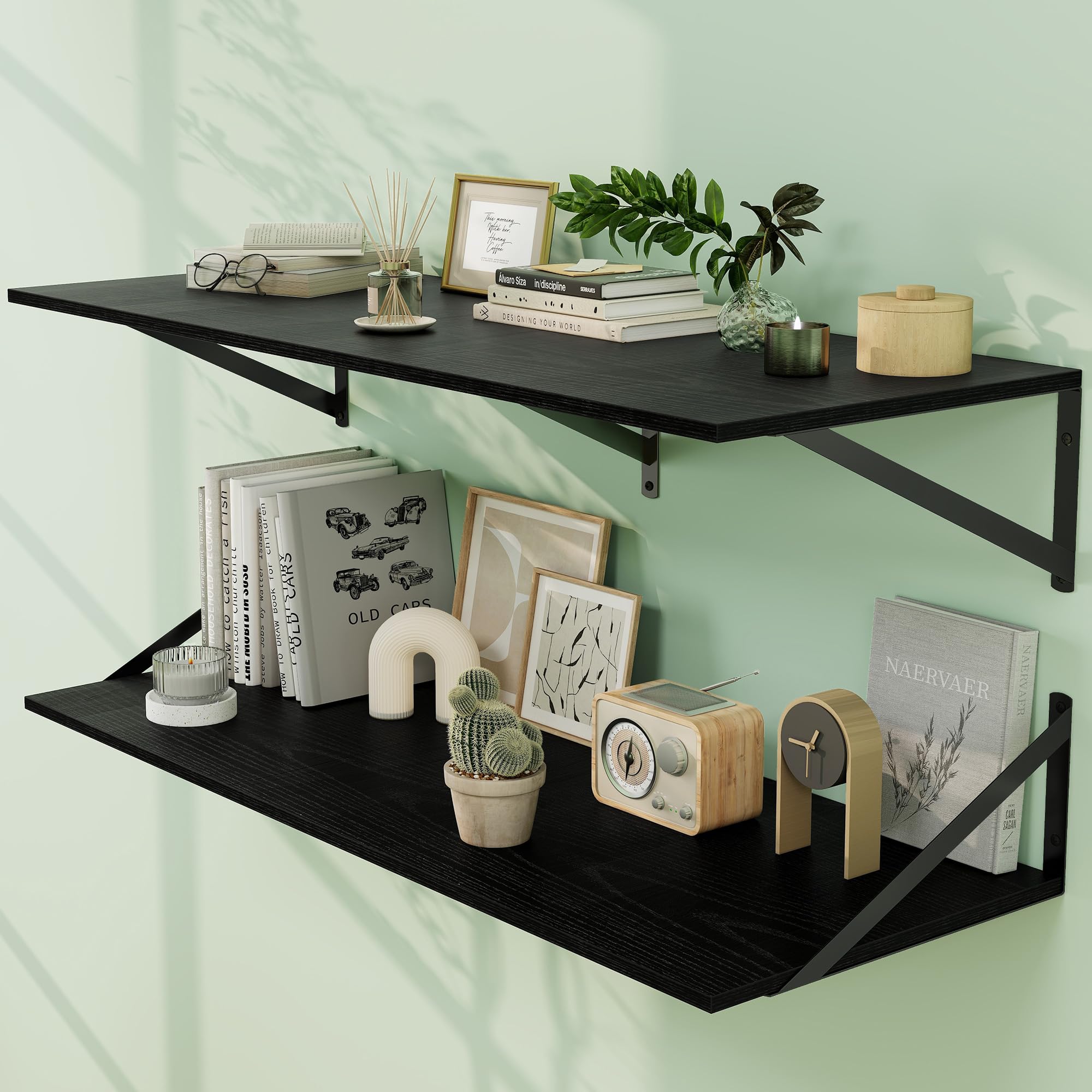 Fun Memories Floating Shelves for Wall, 12 Inch Deep Floating Shelves Set of 2, 36W x 12D Large Wall Shelf with Sturdy Metal Brackets for Living Room, Bathroom, Bedroom and Kitchen, Black