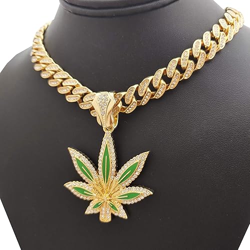 Miniatura 2 de Colgante de hoja de marihuana Hip Hop y collar de cadena de aleación de gargantilla cubana de 18 pulgadas con cerradura de caja helada, chapado en