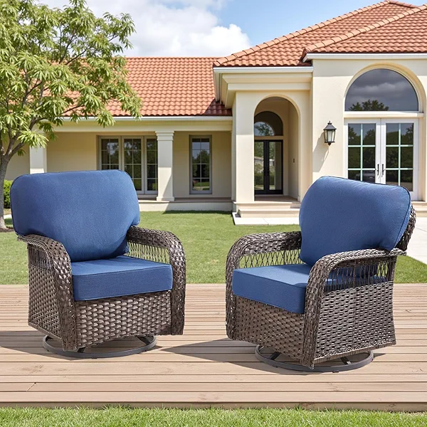 Buenhomino Wicker Swivel Rocker Patio Chairs, Patio Wicker Chairs Swivel Rocker Set of 2 All Weather Glider Rocking Chair Outdoor Conversation Furniture Set for Deck Porch Garden Backyard, Blue