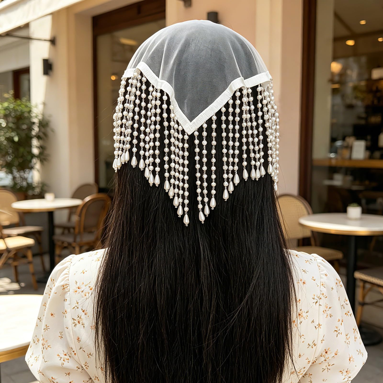 Diadema con cadena for el pelo borlas de perlas, tocado for fiesta boda, velo mujer malla blanca