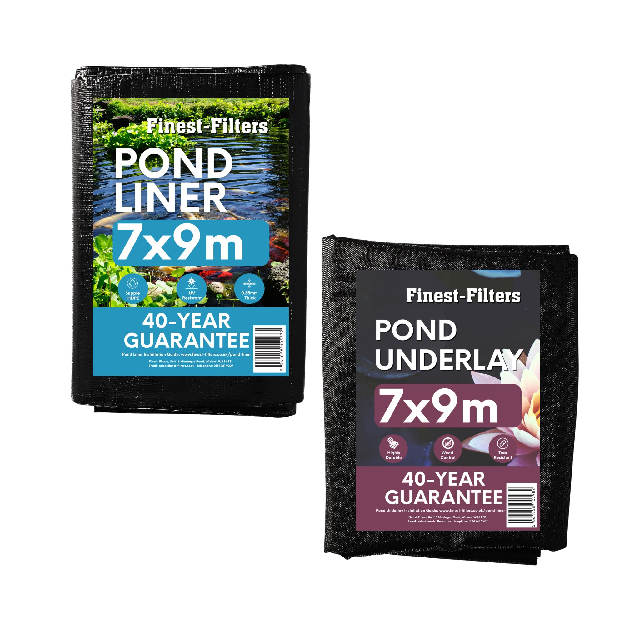 Finest-Filters 0.35mm HDPE Pond Liner & Underlay Options. 40-Yr Guarantee, UV & Tear-Resistant Waterproof Sheet for Garden & Koi Ponds (2x2m-9x12m) (7m x 9m, Bundle- Liner and Underlay)