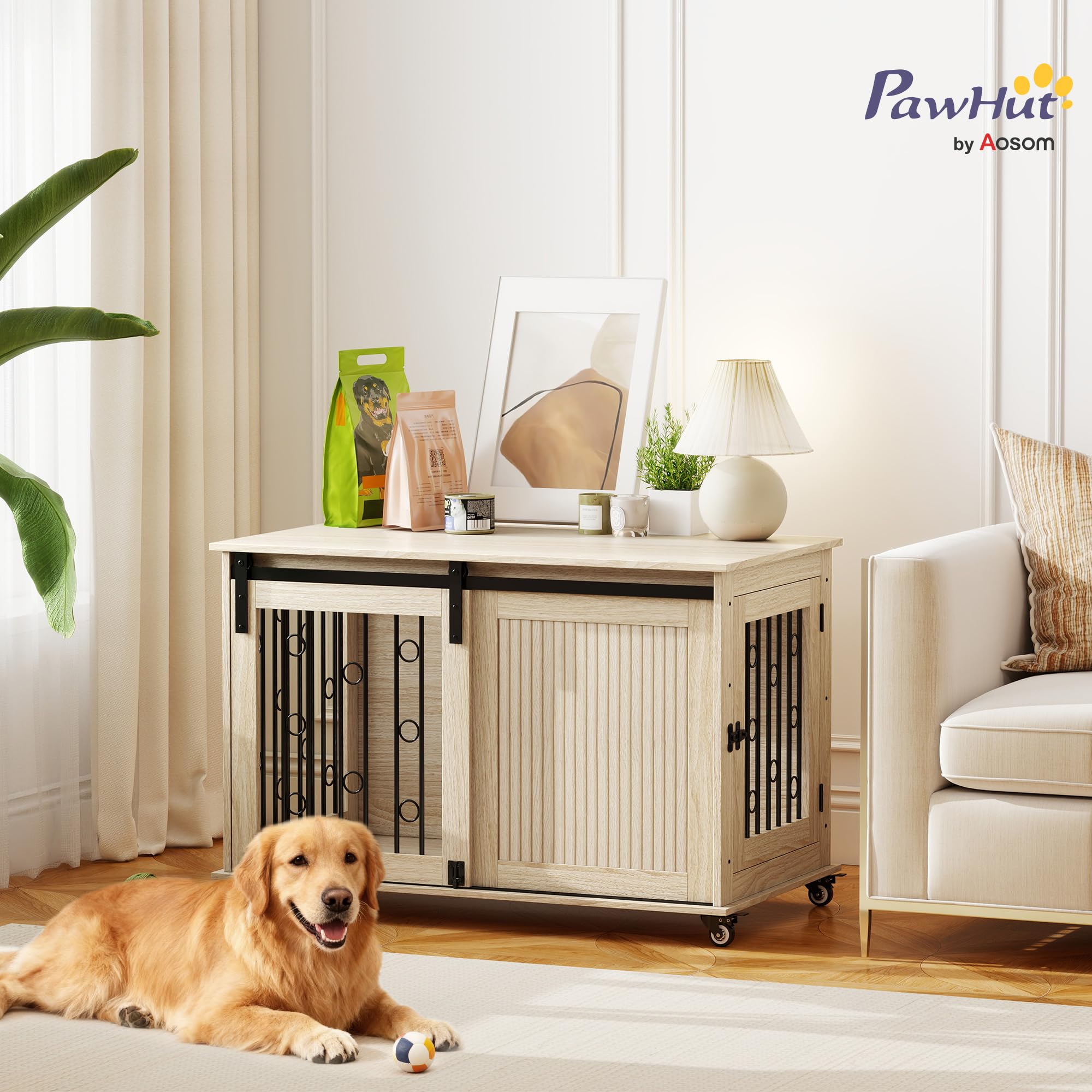 PawHut Jaula para Perros con Ruedas, Mesa Auxiliar, Casa para Mascotas Moderna con 2 Puertas y Cierre, para Perros Medianos y Grandes, 100x56x65 cm, Roble