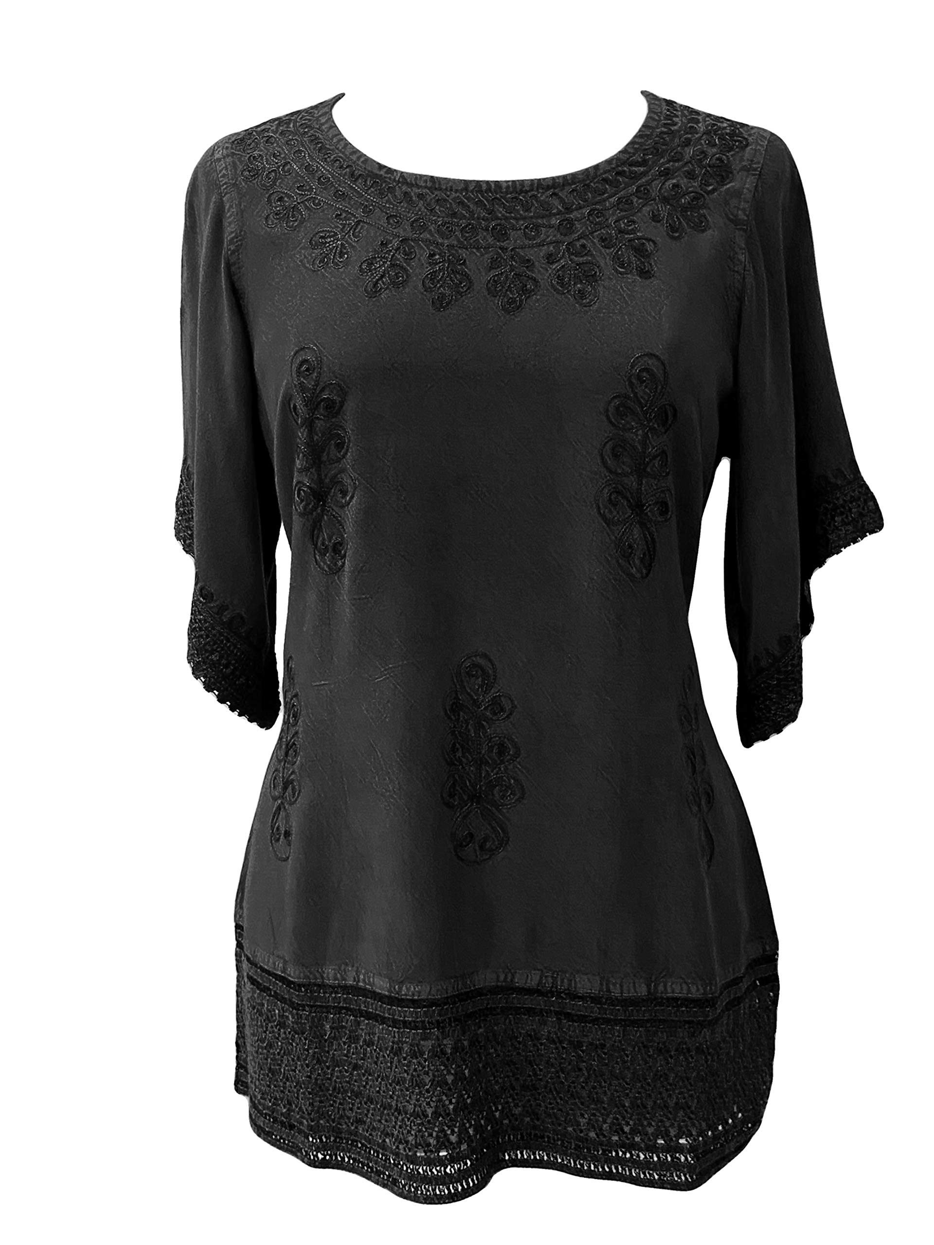 Agan Traders Medieval Vintage Short Sleeve Net Lace Women's Blouses - Back Tie Round Neck Embroidered Tops for Women