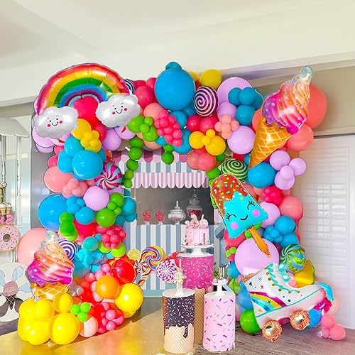 Kit de guirnalda de globos pastel de Candyland, 160 unidades, arco de globos de helado de caramelo rosa, morado, amarillo, para dos decoraciones de