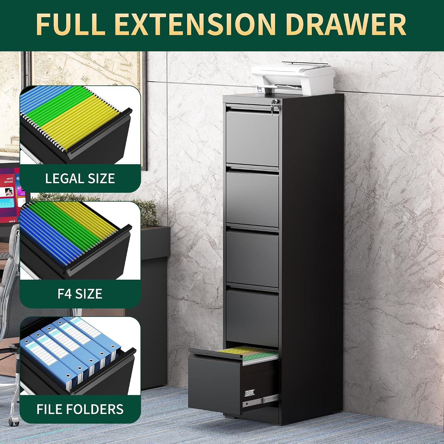5 Drawer File Cabinet with Lock, Steel Vertical Filing Storage Cabinet for Home Office, Heavy-Duty File Cabinets for Letters/Legal/A4 (Require Assembly, Black)