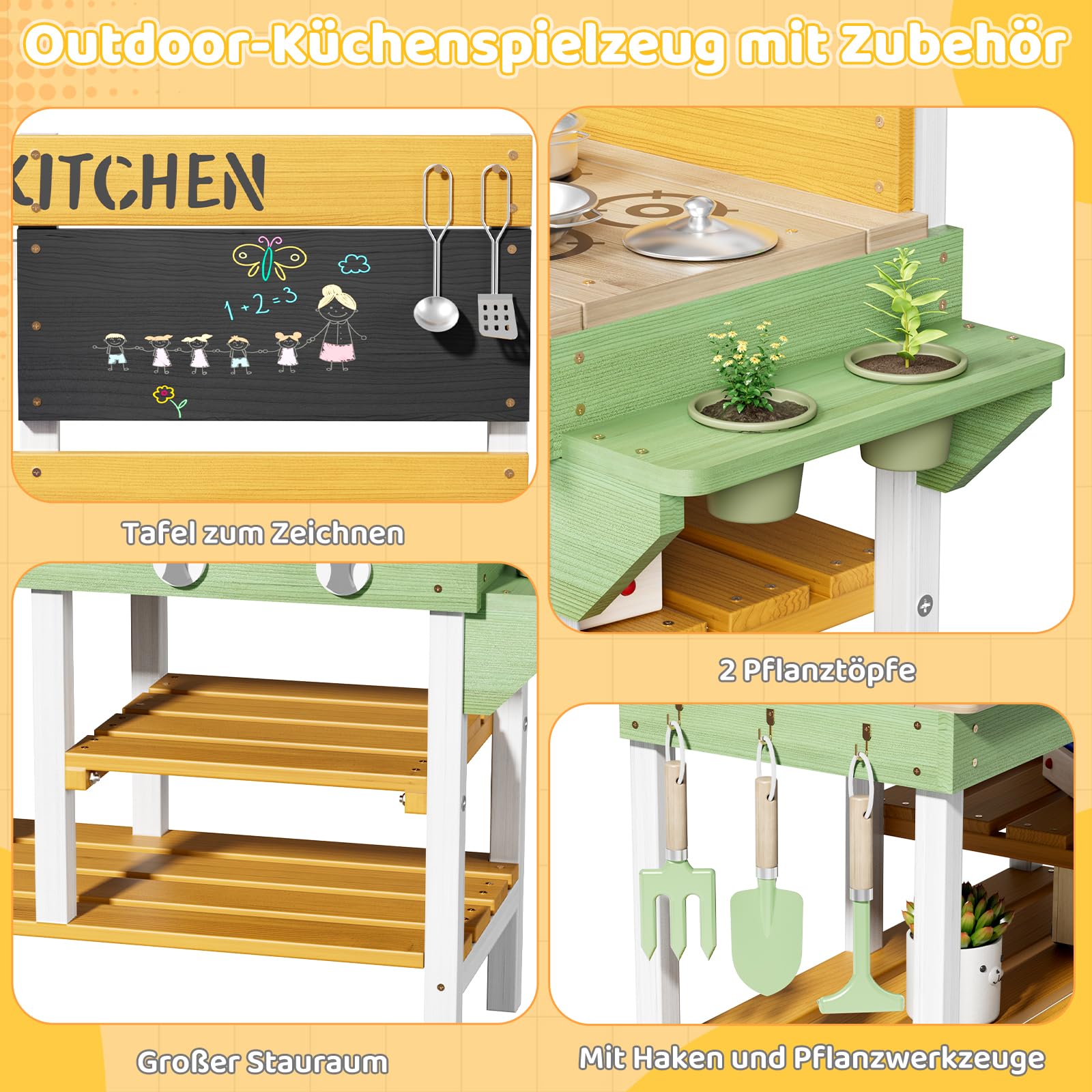 MAMIZO Cucina per Bambini da Esterno, Cucina da Giardino in Legno con Rubinetto Funzionante, 2PCS Vasi per Piante, Attrezzi da Giardino, Lavagna e Ripiani, 93x37x88 cm, per Bambini +3 Anni