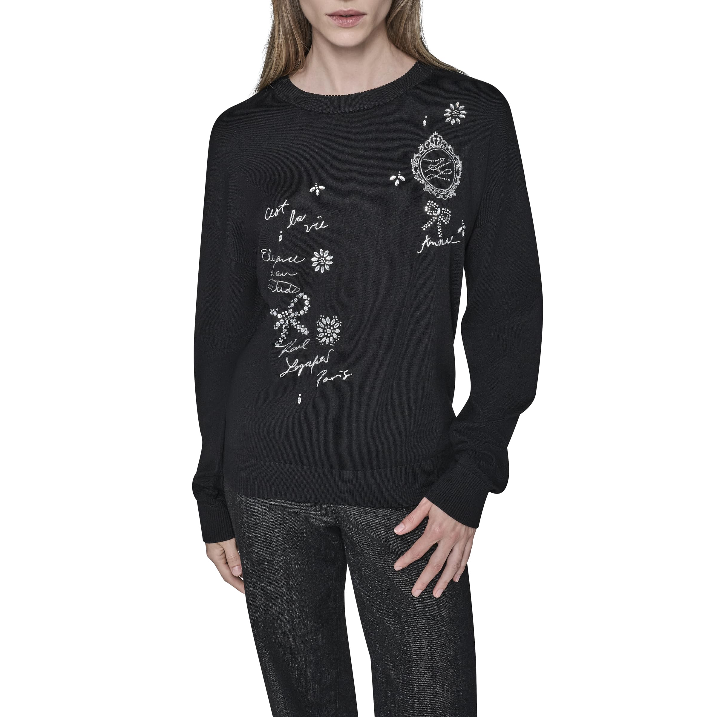 KARL LAGERFELD womens Long Sleeve Crew Neck Whimsy Sweater
