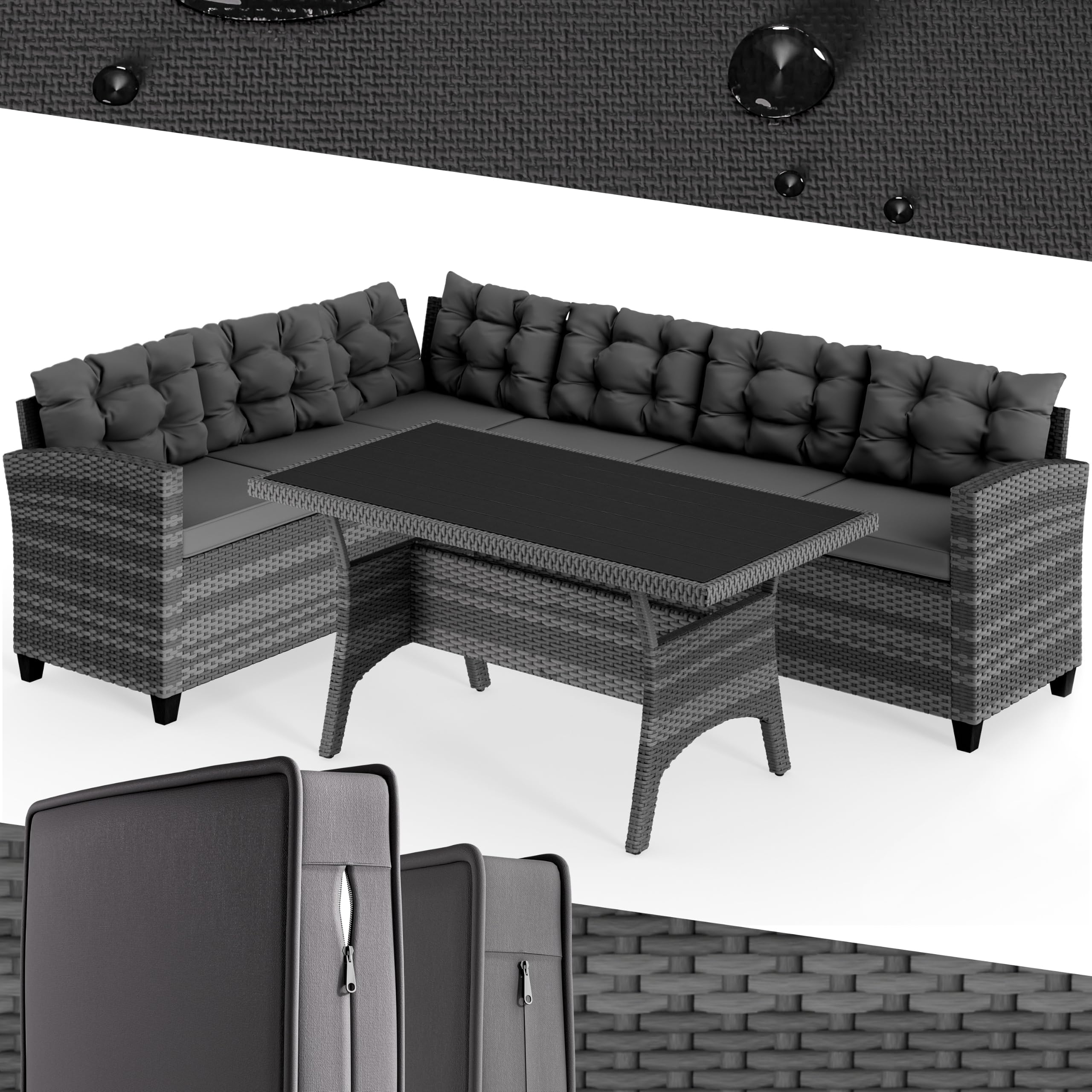 Casaria® Polyrattan Ecklounge Set WPC Esstisch Ecksofa inkl. 7 cm Sitzauflagen 15 cm Kissen Wetterfest Outdoor Lounge Garten Terrasse Balkon Möbel Grau