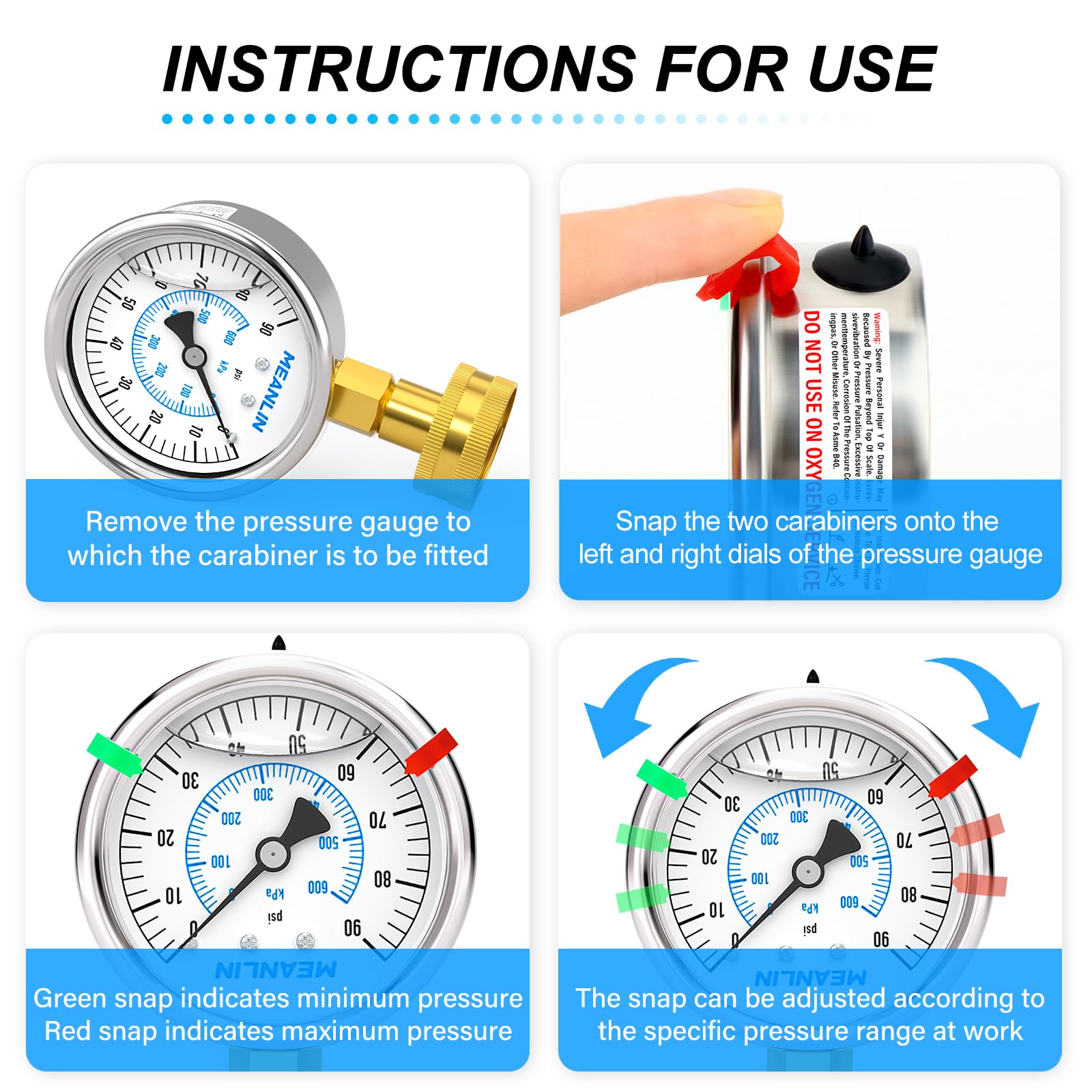 MEANLIN MEASURE 0~600KPa/90PSI Manomètre en acier inoxydable 3/4"femelle 2.5" FACE DIAL pour liquide WOG Water Oil Air Water Pressure Test Table with Sealing Ring (with 2PCS Snaps)