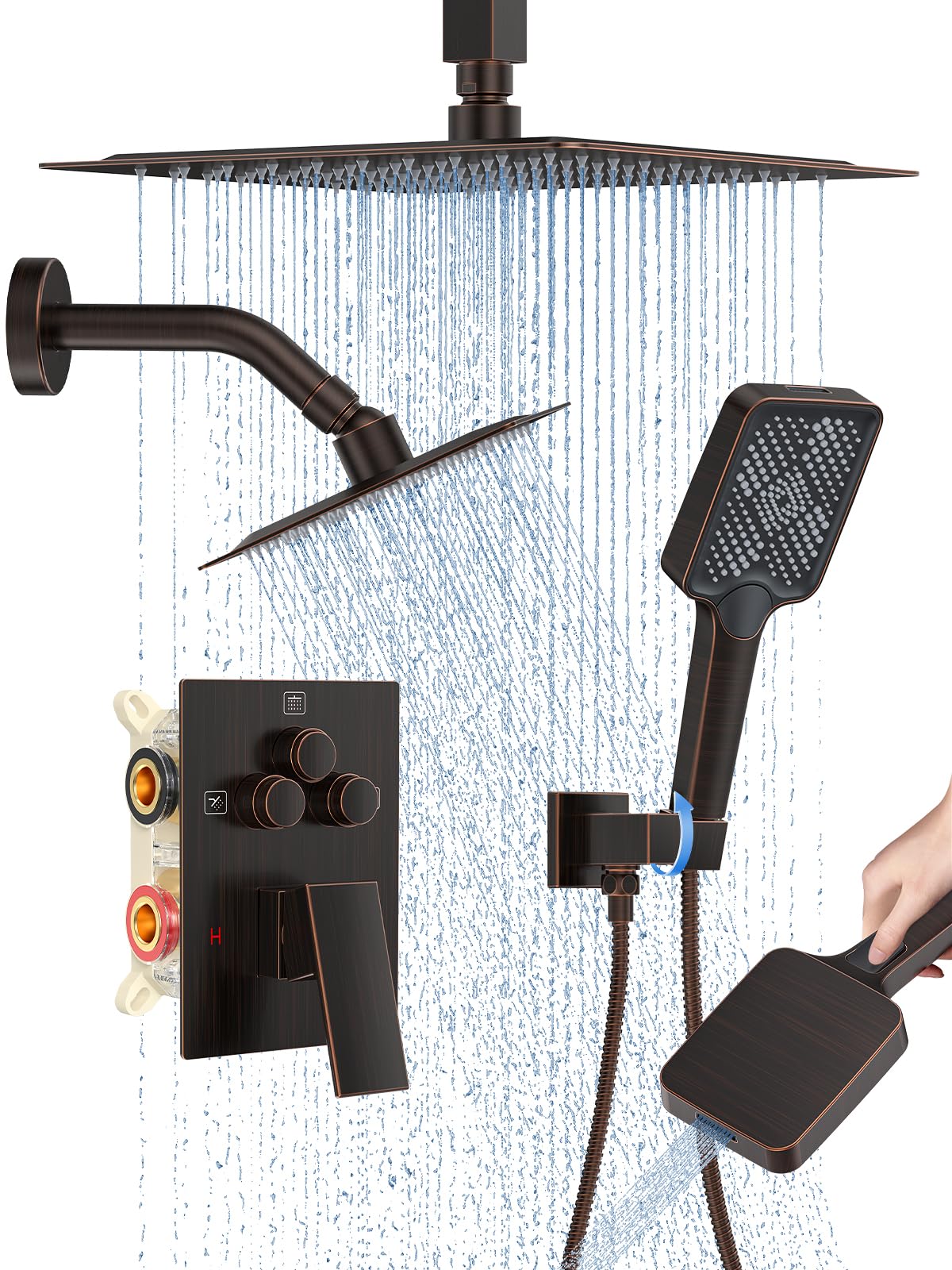 Woindo Shower Faucet Set, 10" Ceiling Mount Rainfall Shower System with 2 Rain Shower Head and Multi-function Handheld Head Push Button Diverter Shower Faucet Trim Kit