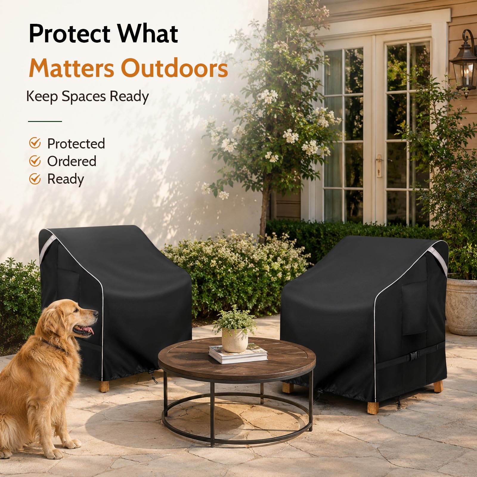 COSFLY Coperture impermeabili per mobili da giardino, confezione da 2, resistenti, adatte fino a 81 x 94 x 91 cm (larghezza x profondità x altezza) (nero)