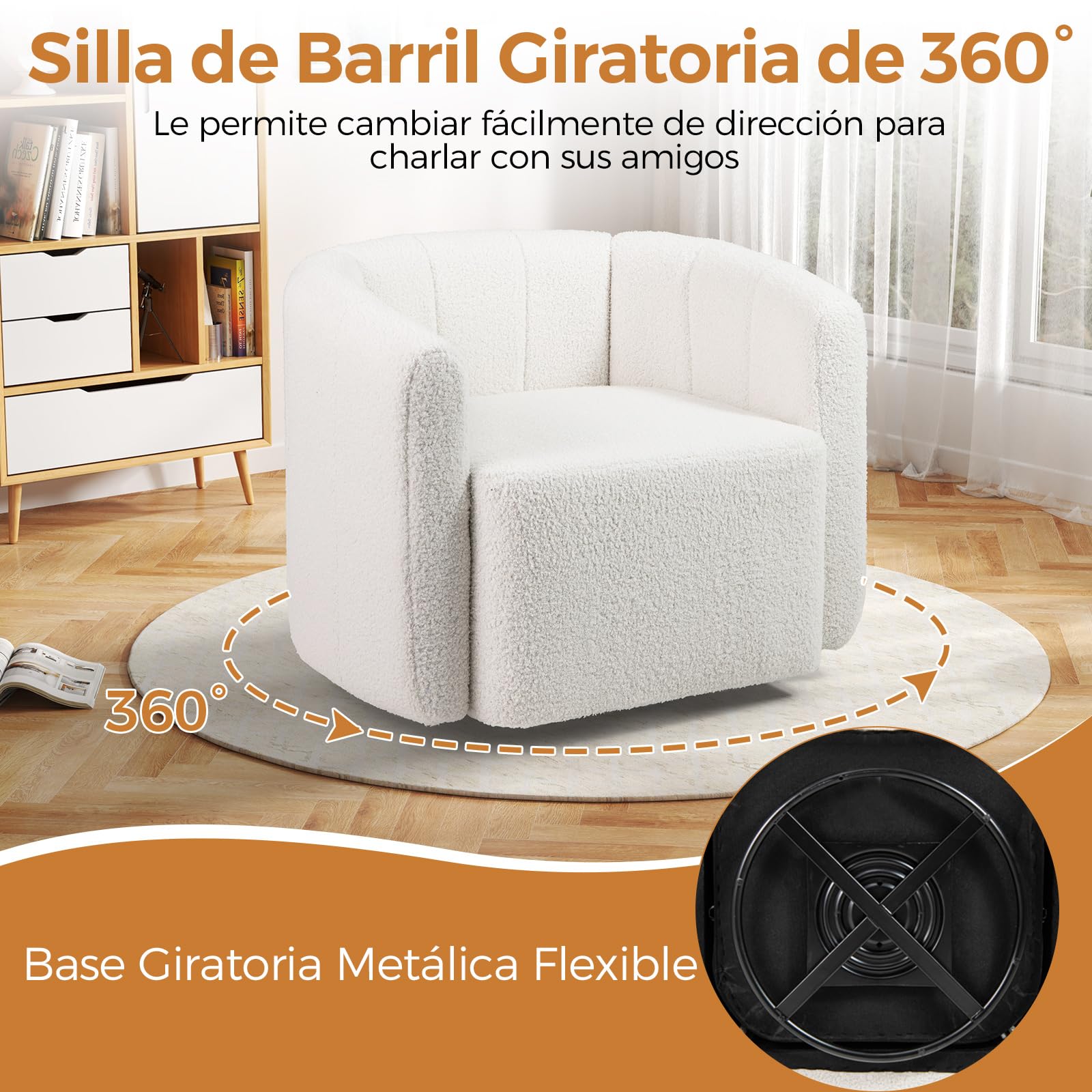 COSTWAY Sillón de Salón Giratorio 360°, Sillón para Leer Tapizado en Sherpa con Respaldo Curvado y Descansabrazos, Sillones Modernos de Salón con Forma de Calabaza para Sala de Estar, Dormitorio
