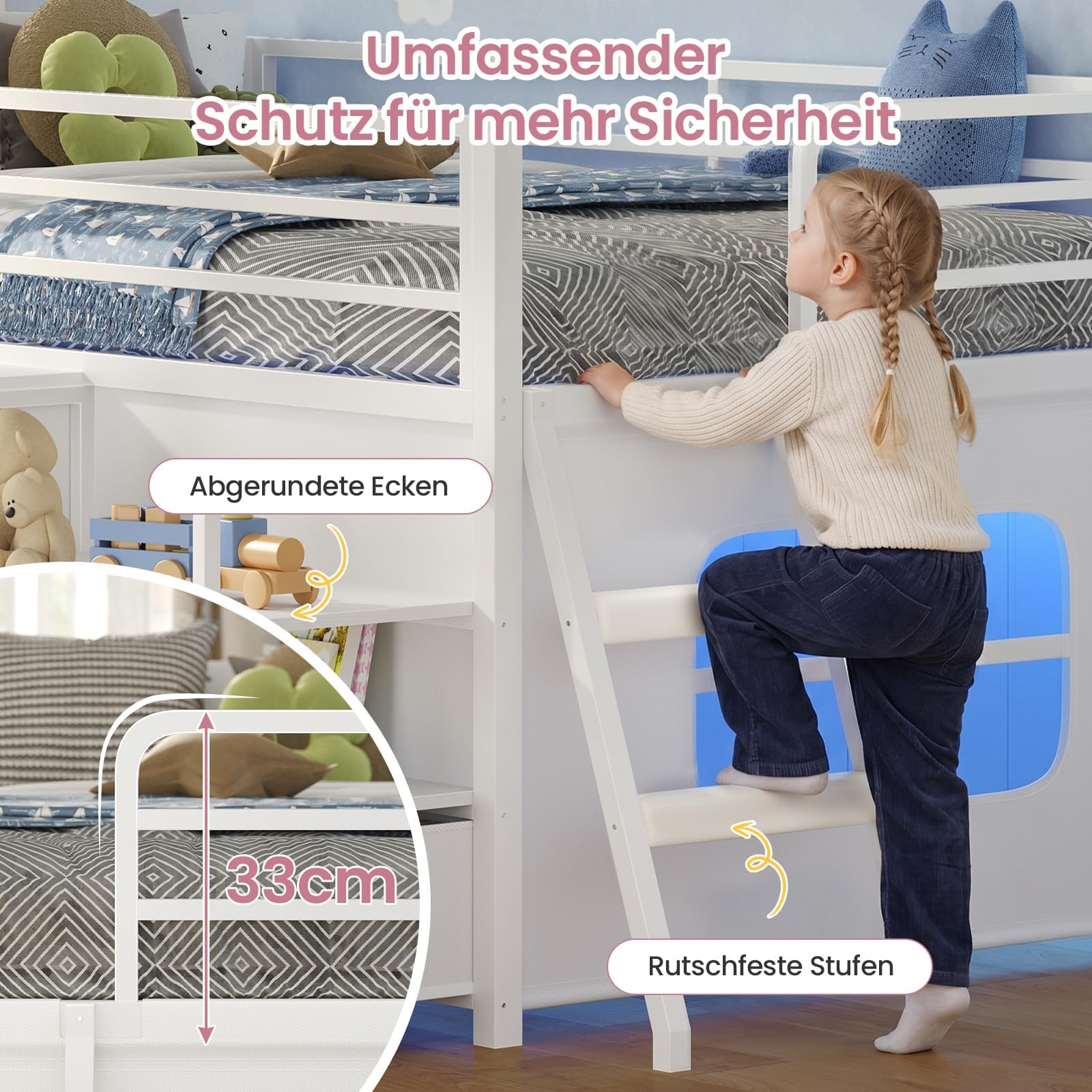 KIMENICH Hochbett 90x200, Bett mit 5 Schubladen, Kuscheltier Aufbewahrung