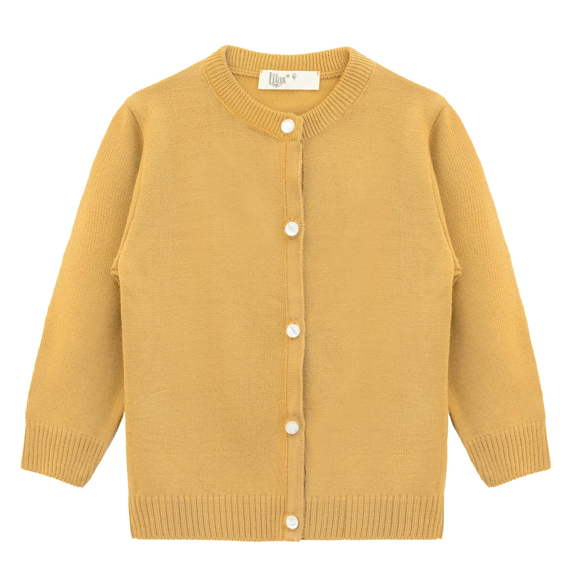 Lilax Little Girls' Knit Basic Cardigan, Long Sleeve Button Up Sweater Mustard 7 Years