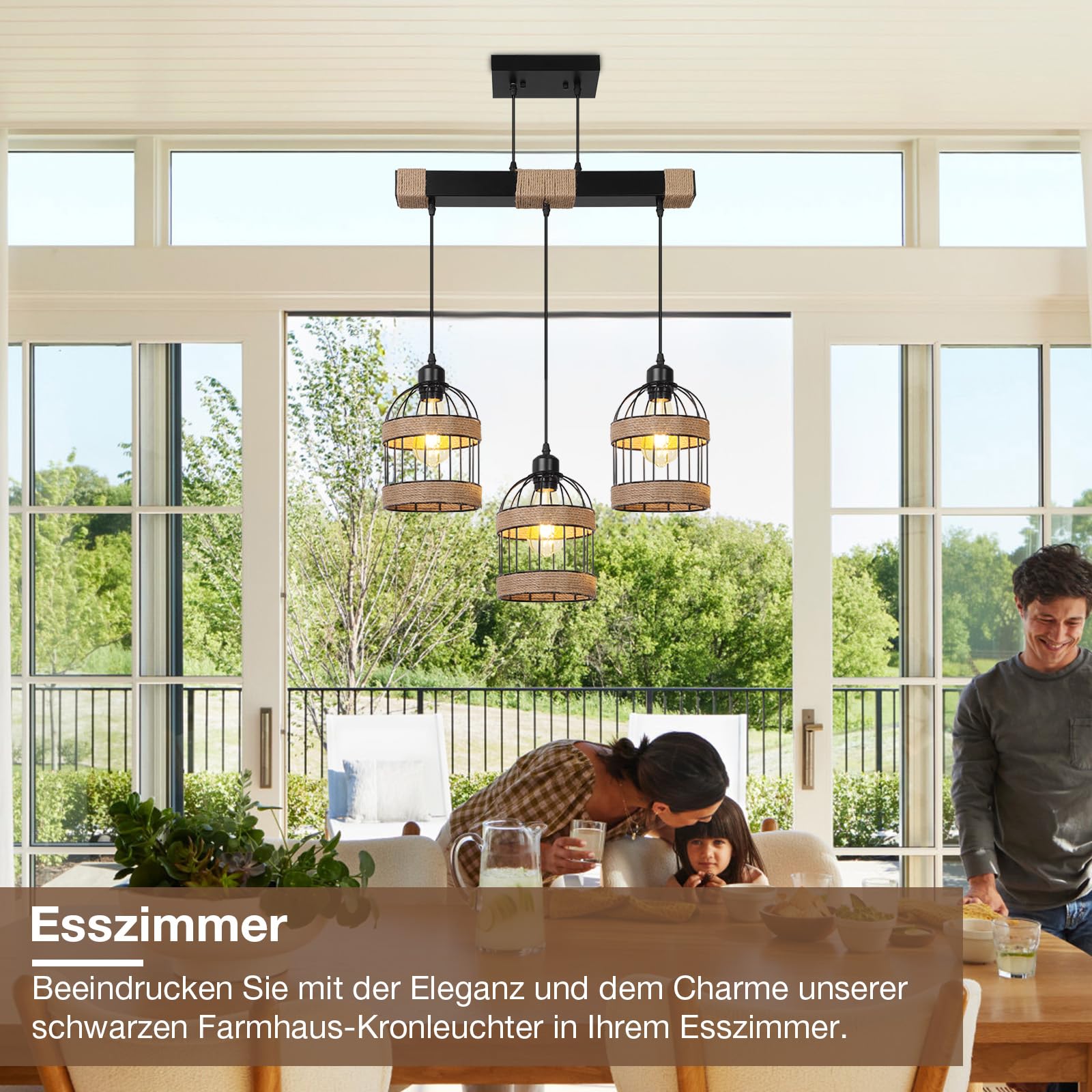 Pendelleuchte Esstisch 3-Flammig Höhenverstellbar,Schwarz Hängelampe Vintage mit Eisenkäfig,E27 Hanfseil Hängeleuchte Esstischlampe Hängend für Küche,Wohnzimmer,Esszimmer,Café