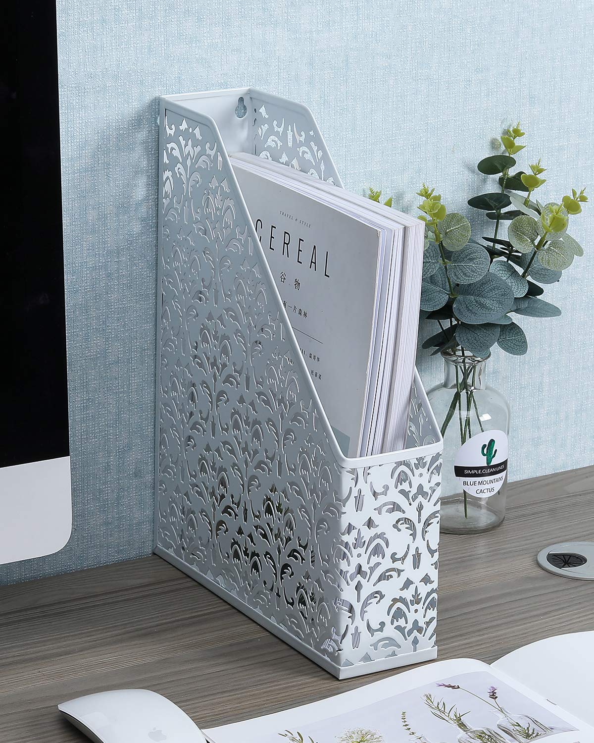 EasyPAG Métal Porte Revue Vertical Corbeilles à Courrier A4 Banette de Rangement Bureau Organisateur de Magazine Range Document Bannette Papier,Blanc