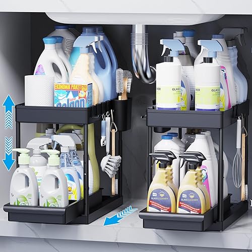 Miniatura 2 de Organizador para debajo del fregadero, altura ajustable, paquete de 2 unidades, color negro, para debajo del baño, con ganchos para colgar, cajón