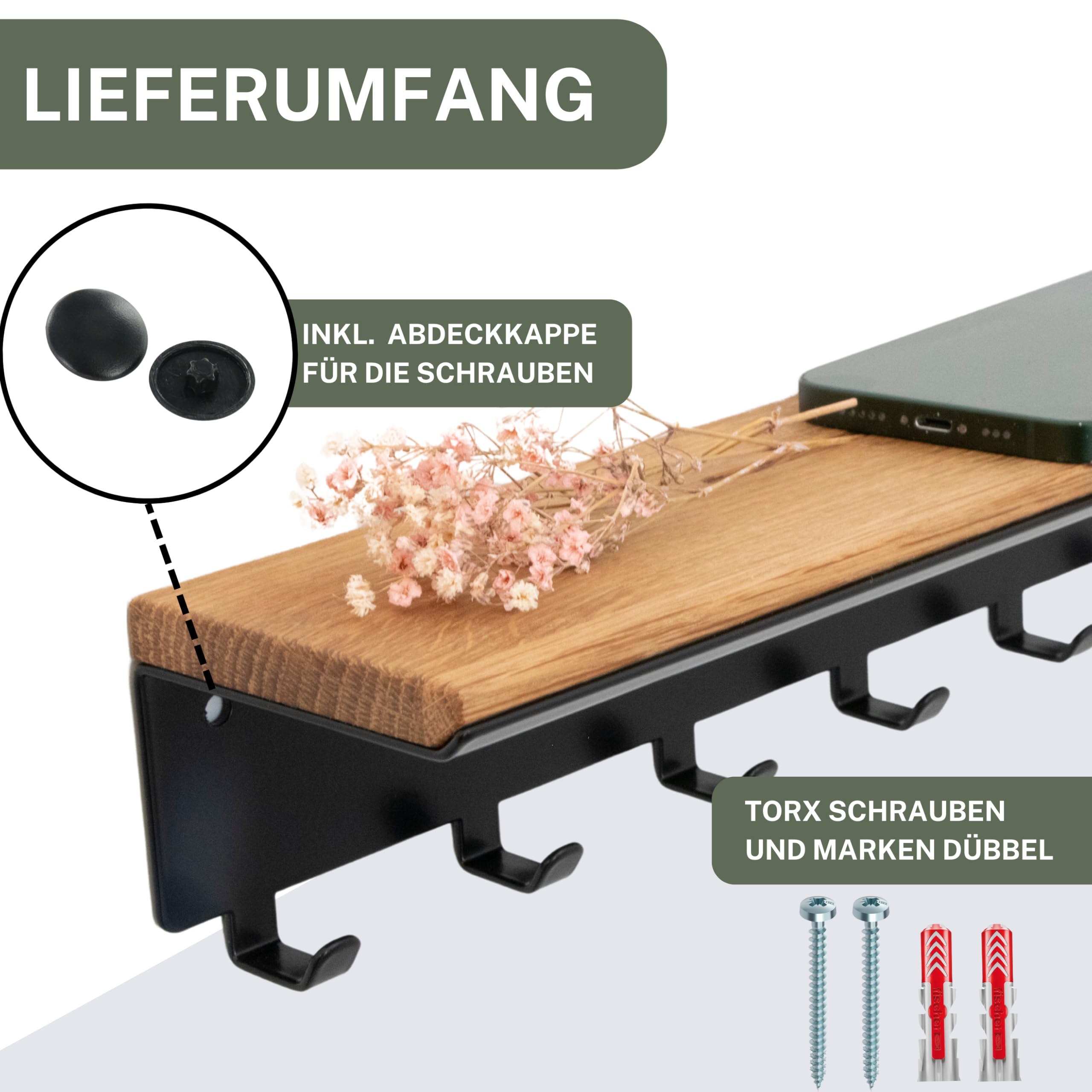 Astrein® | Schlüsselbrett mit 6 Haken | Schlüsselboard aus Holz | Eiche | Wandorganizer | Schlüsselkasten | Schlüsselhalter mit Ablage | Schlüsselaufbewahrung Metall schwarz | 30x8x8cm