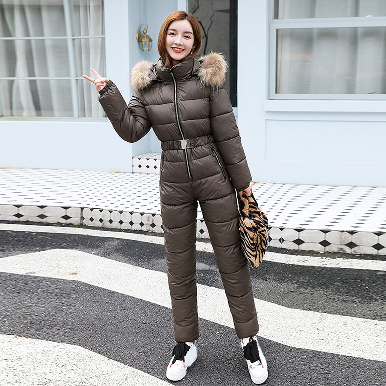 IQYU Tuta da neve da donna, monopezzo, calda, da neve, impermeabile, con cappuccio, per sci, abbigliamento da sci e sci